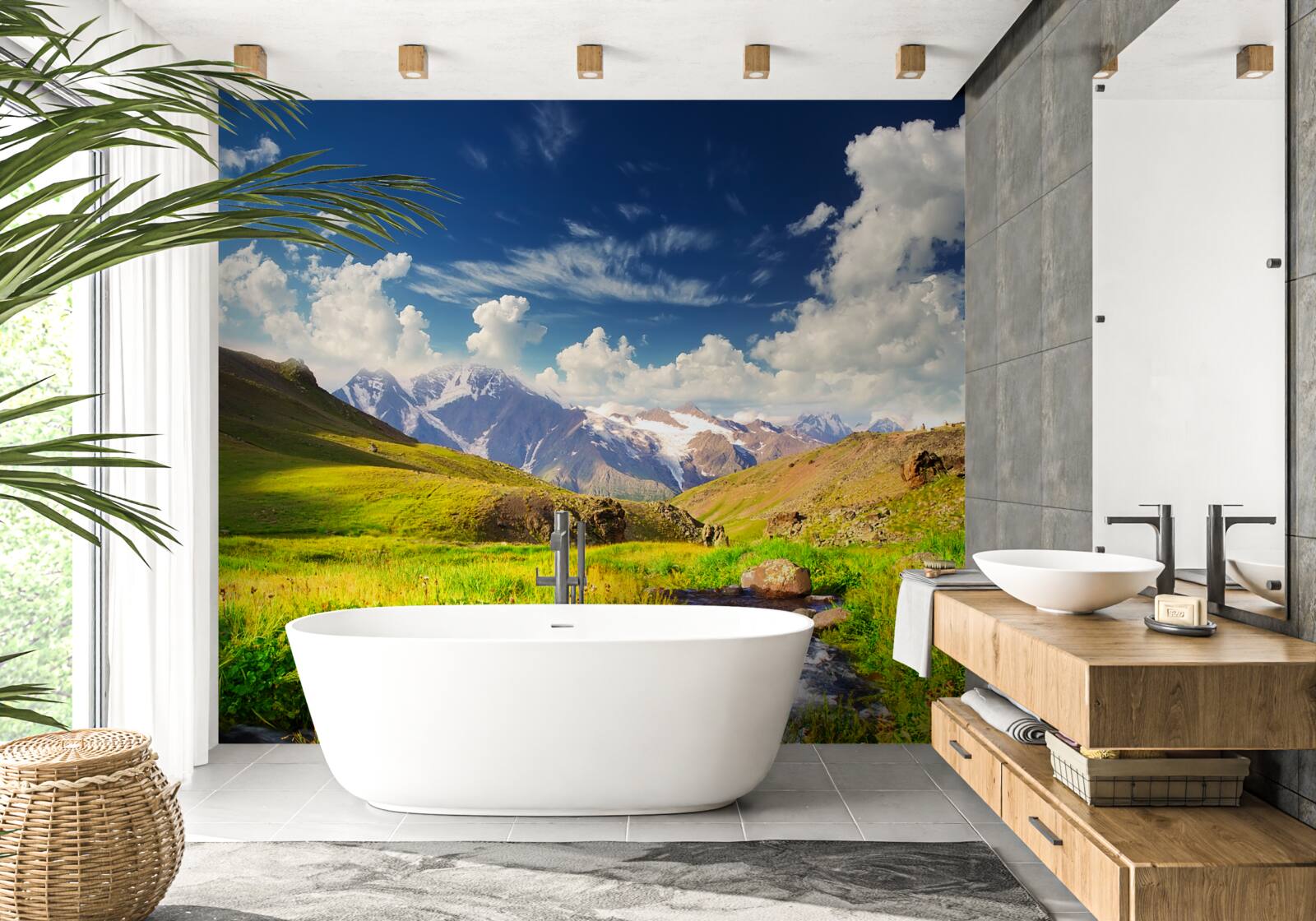 Fototapet un râu de munte care curge printre pajiști