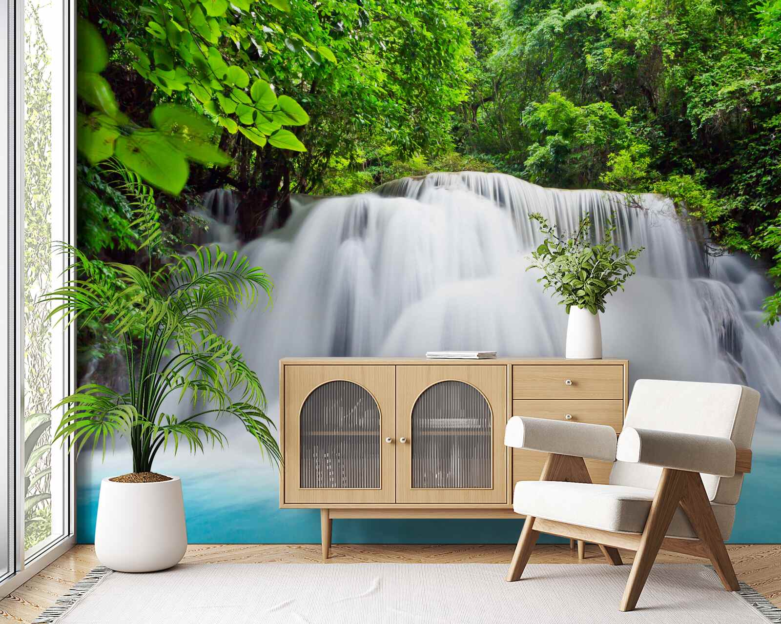 Fototapet cascadă de apă care cade rapid în mijlocul pădurii