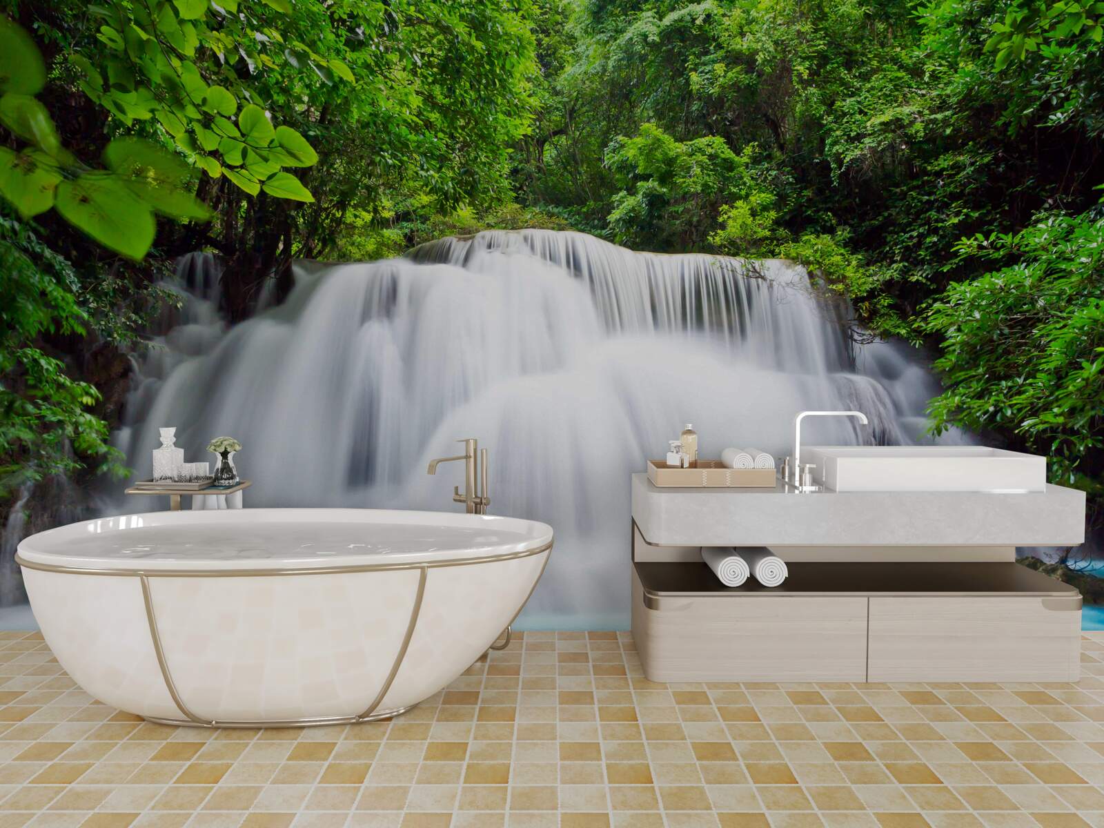 Fototapet cascadă de apă care cade rapid în mijlocul pădurii