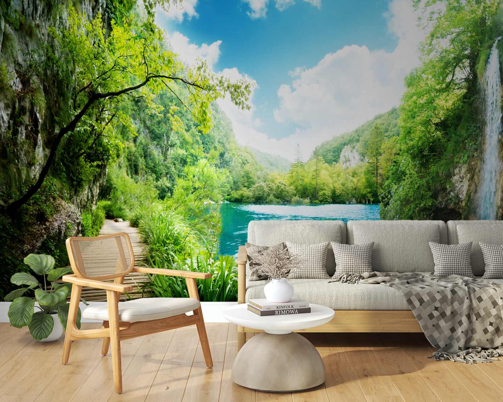 Fototapet cascadă înaltă și cărare prin copaci de pădure