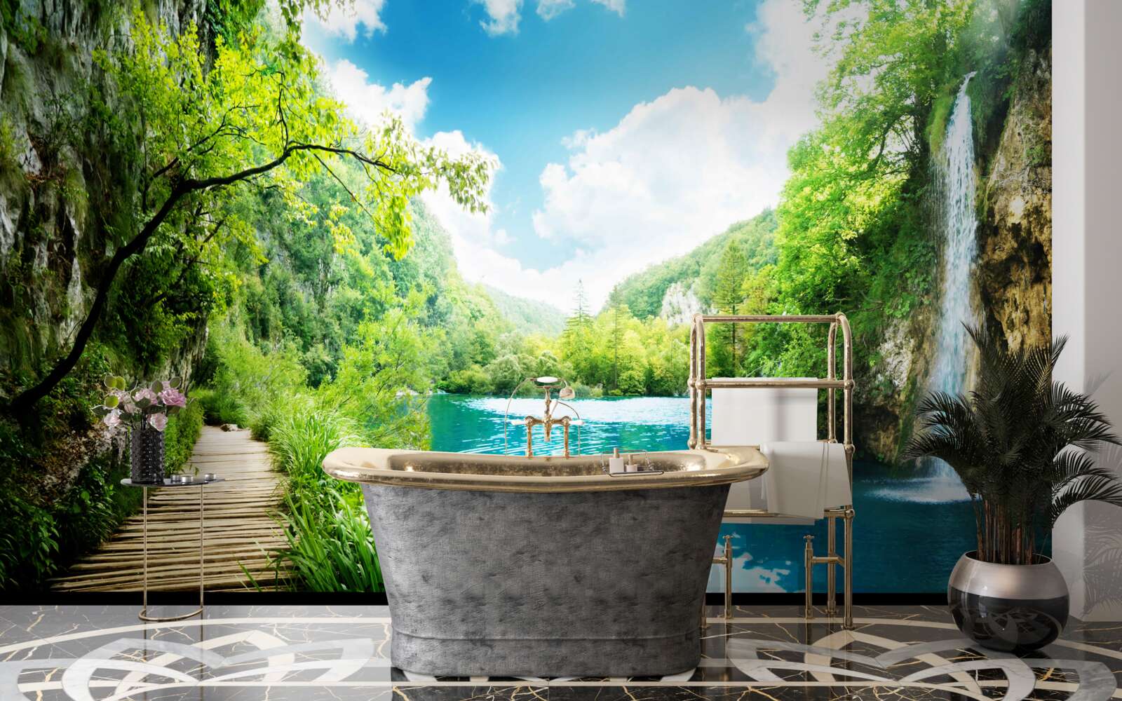 Fototapet cascadă înaltă și cărare prin copaci de pădure