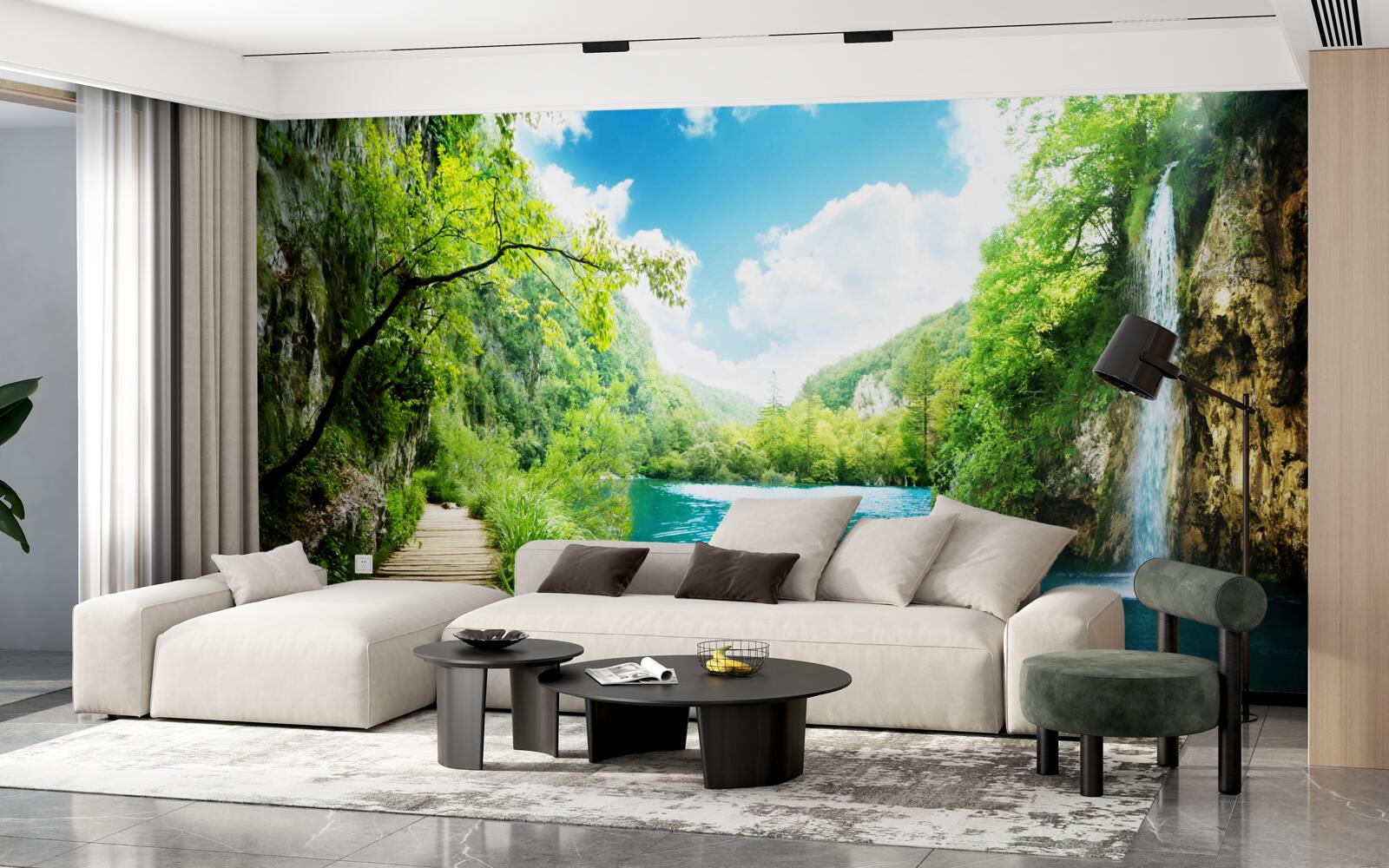 Fototapet cascadă înaltă și cărare prin copaci de pădure