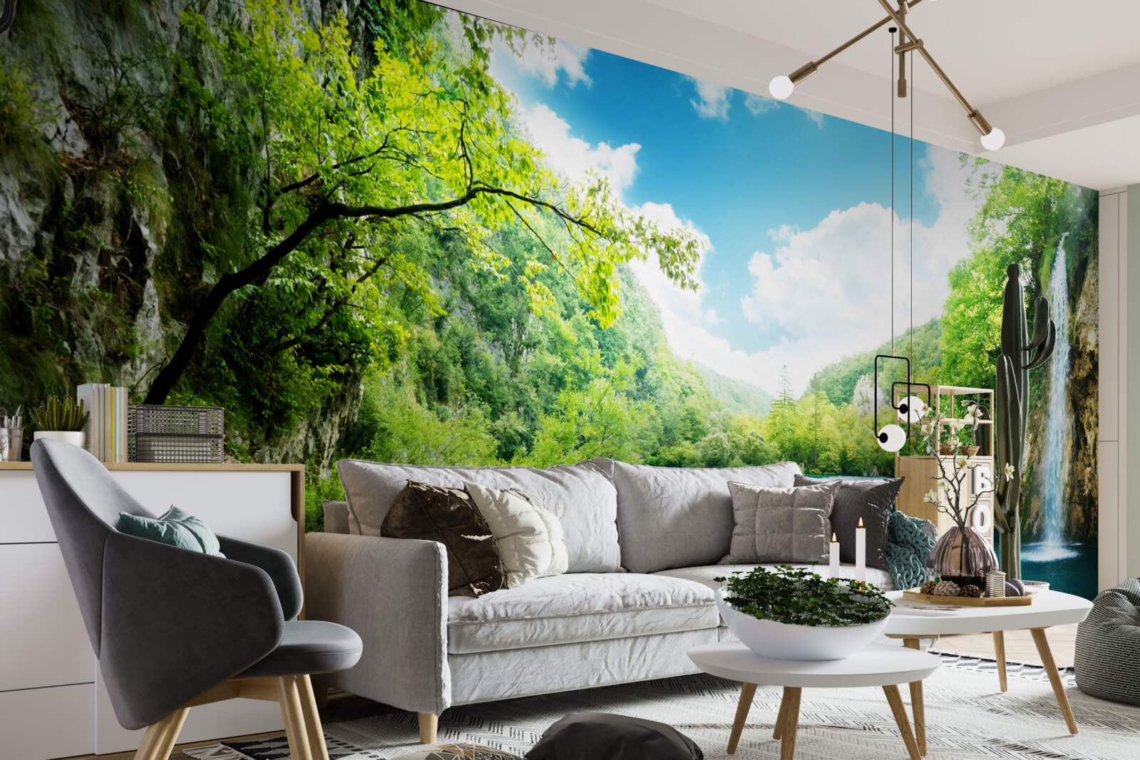 Fototapet cascadă înaltă și cărare prin copaci de pădure