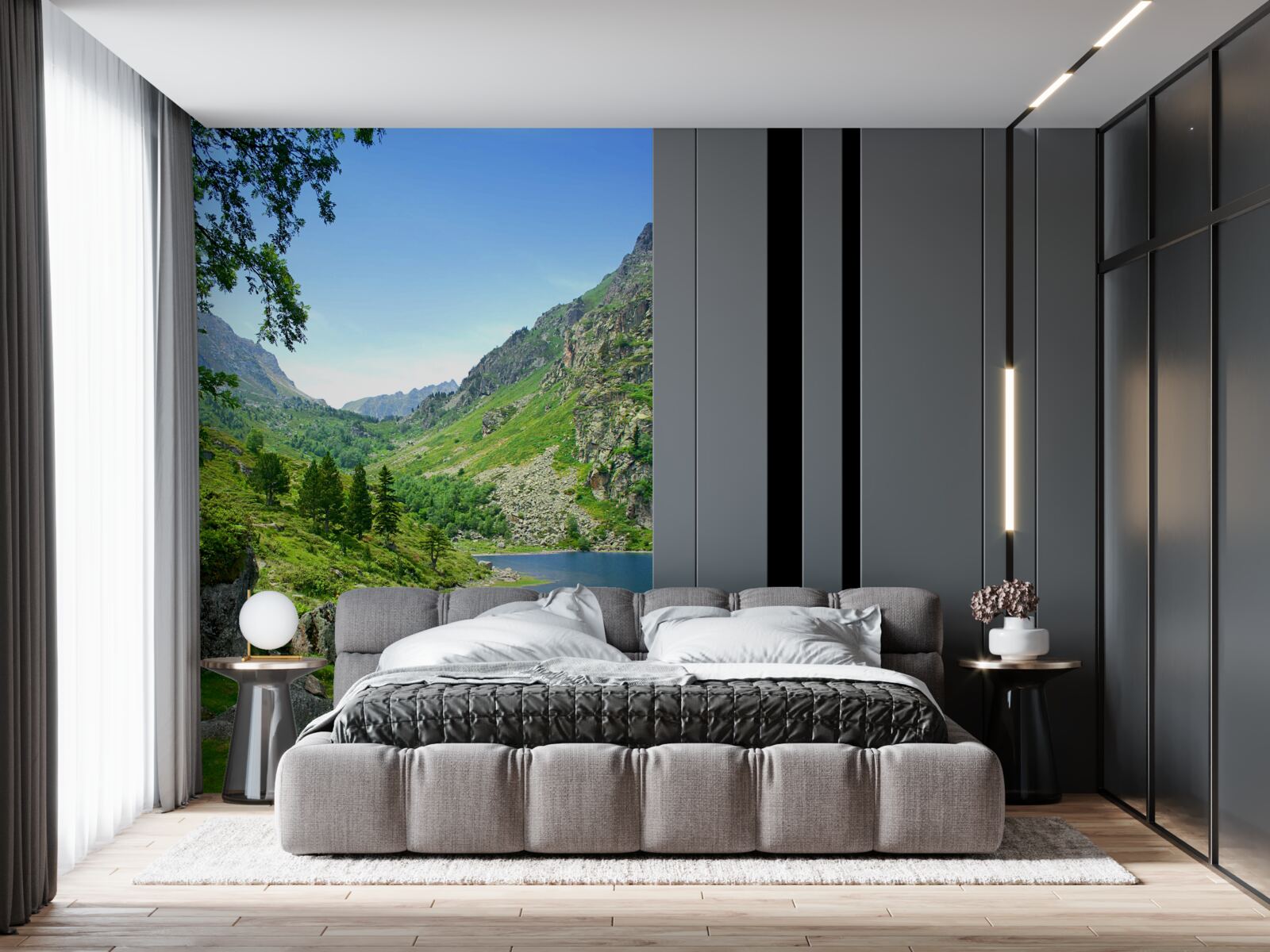 Fototapet un lac înconjurat de munți și verdeață