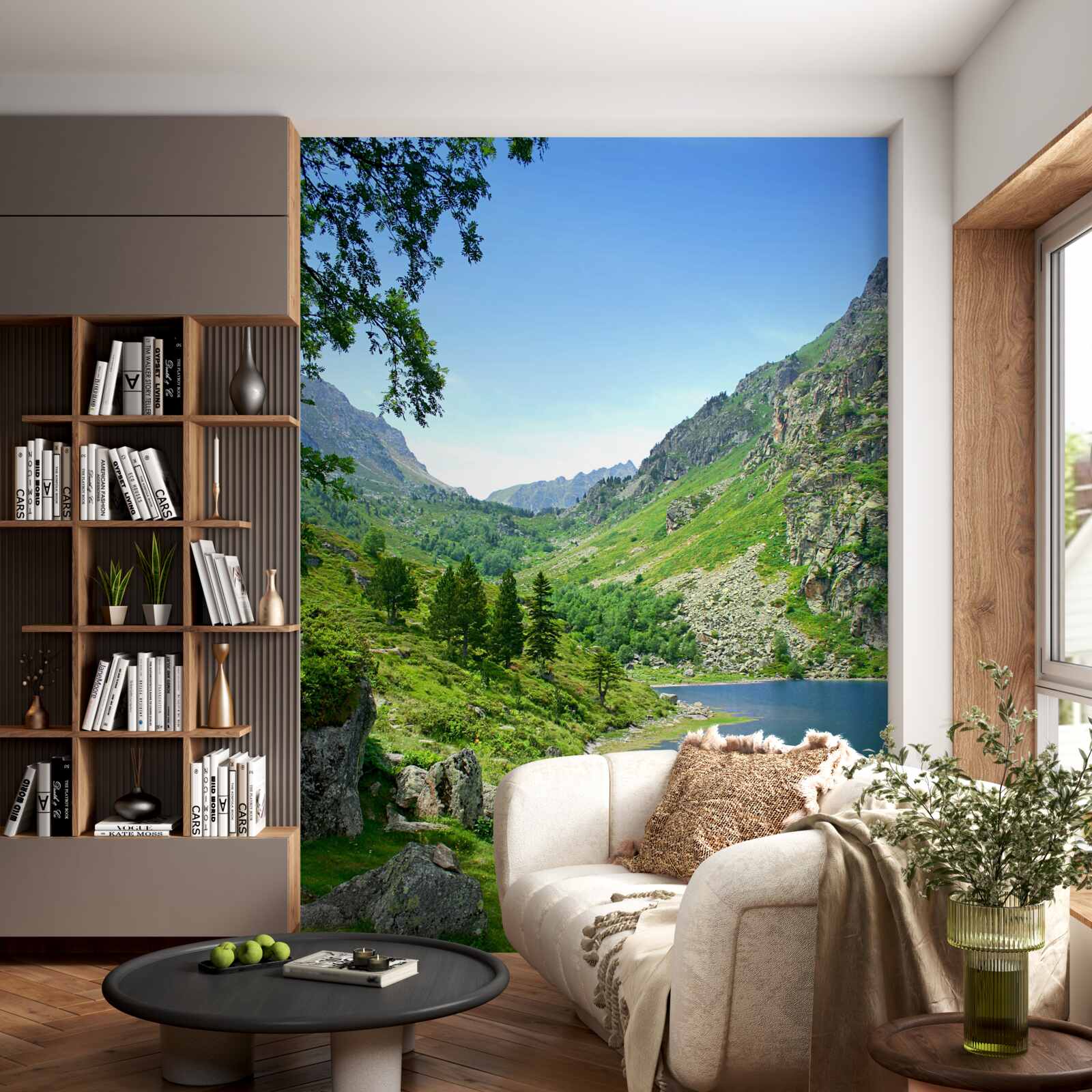 Fototapet un lac înconjurat de munți și verdeață