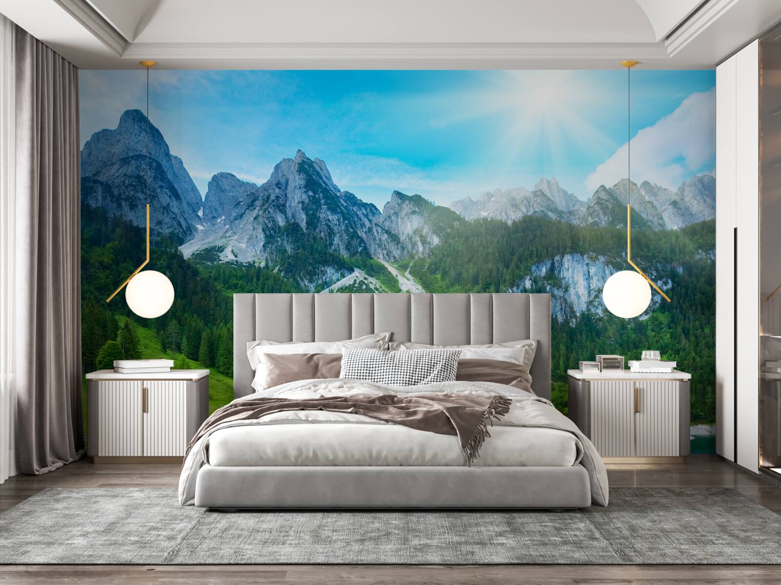 Fototapet vârfuri muntoase înzăpezite și pădure verde