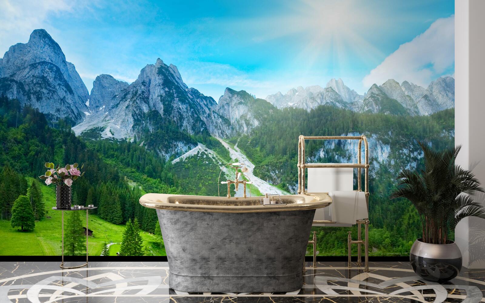 Fototapet vârfuri muntoase înzăpezite și pădure verde