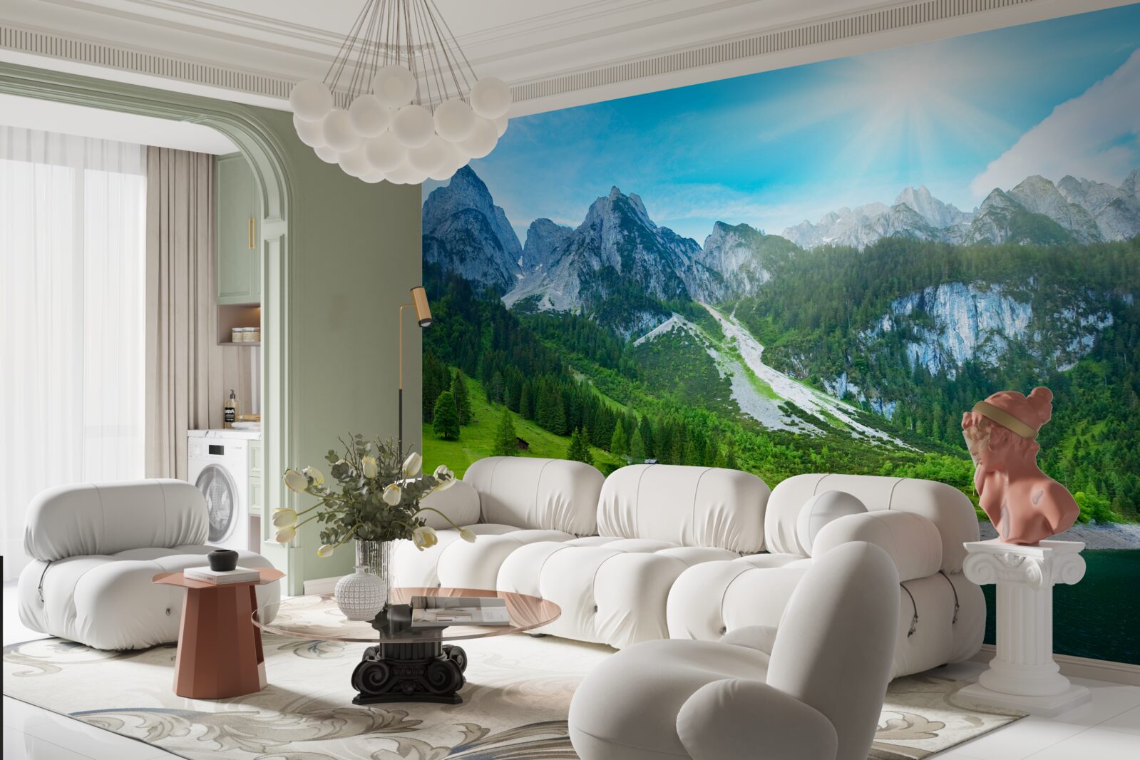 Fototapet vârfuri muntoase înzăpezite și pădure verde