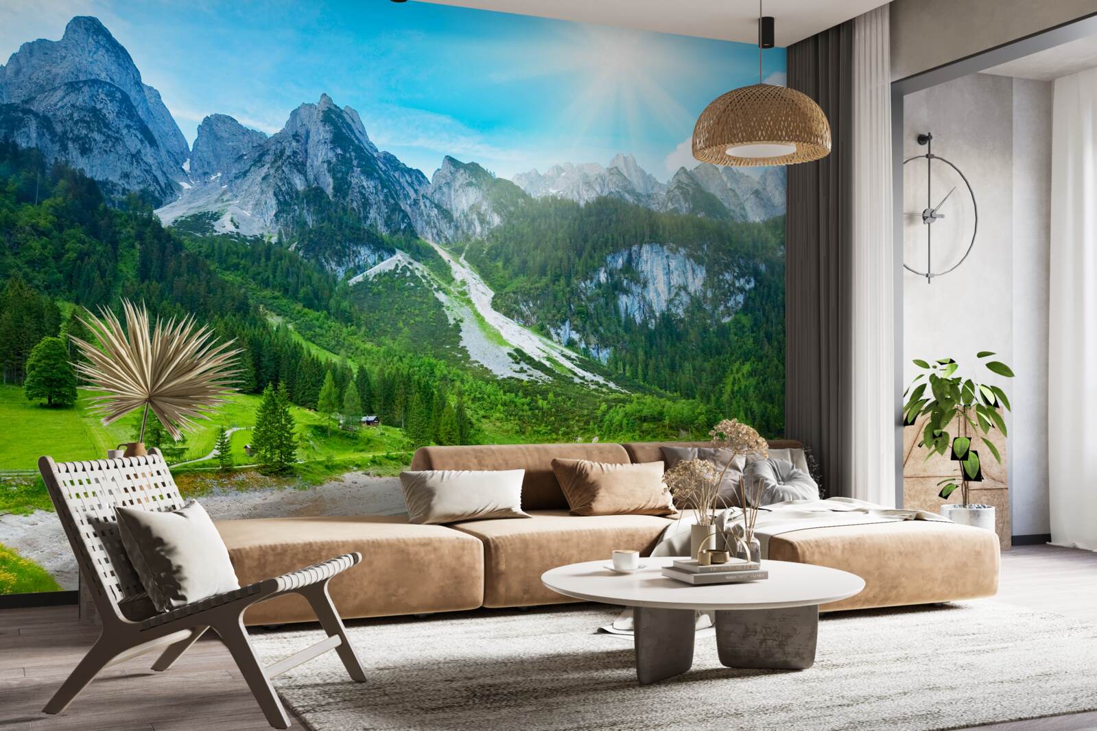 Fototapet vârfuri muntoase înzăpezite și pădure verde