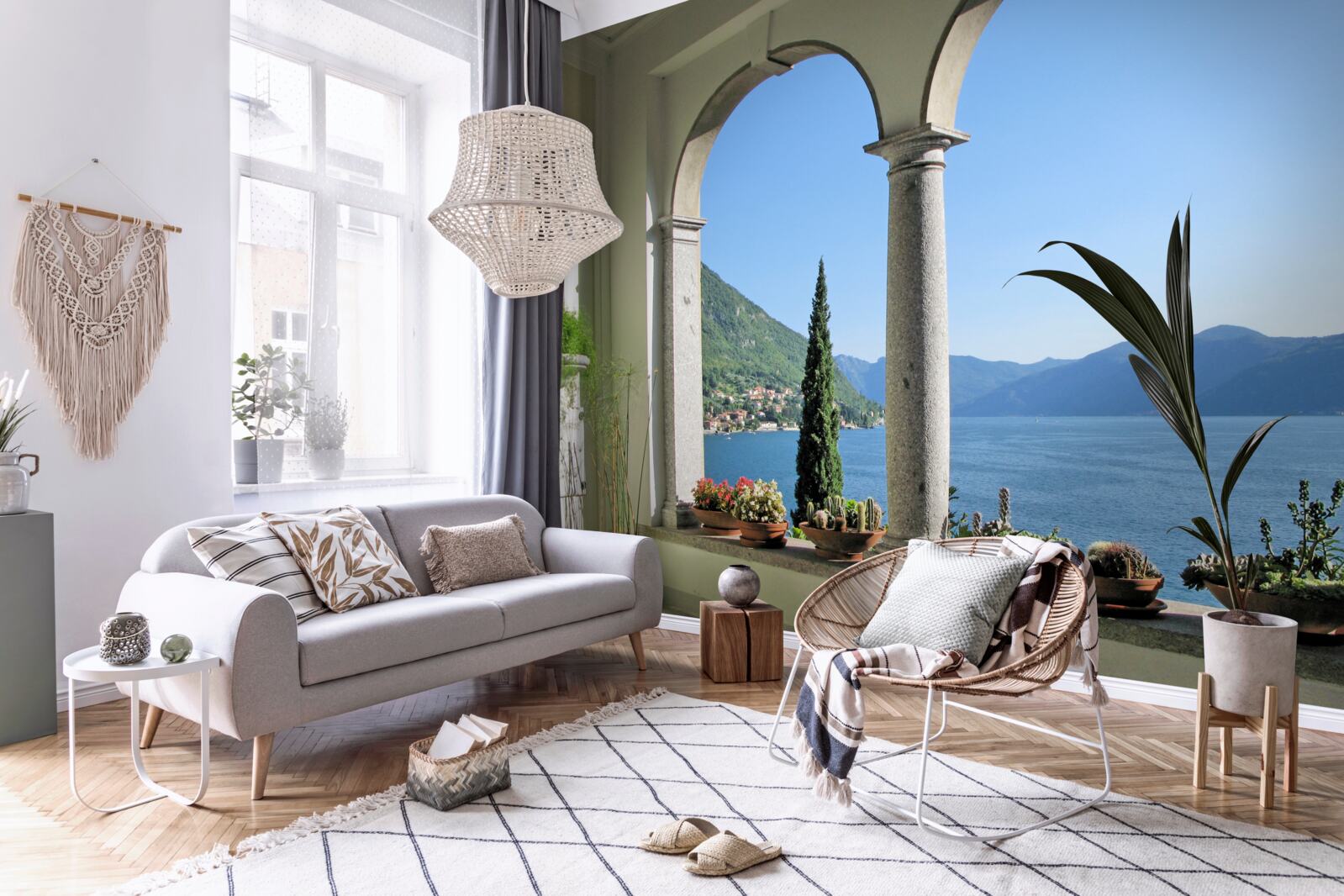 Fototapet balcon cu deschideri arcuite și vedere la apă și munți