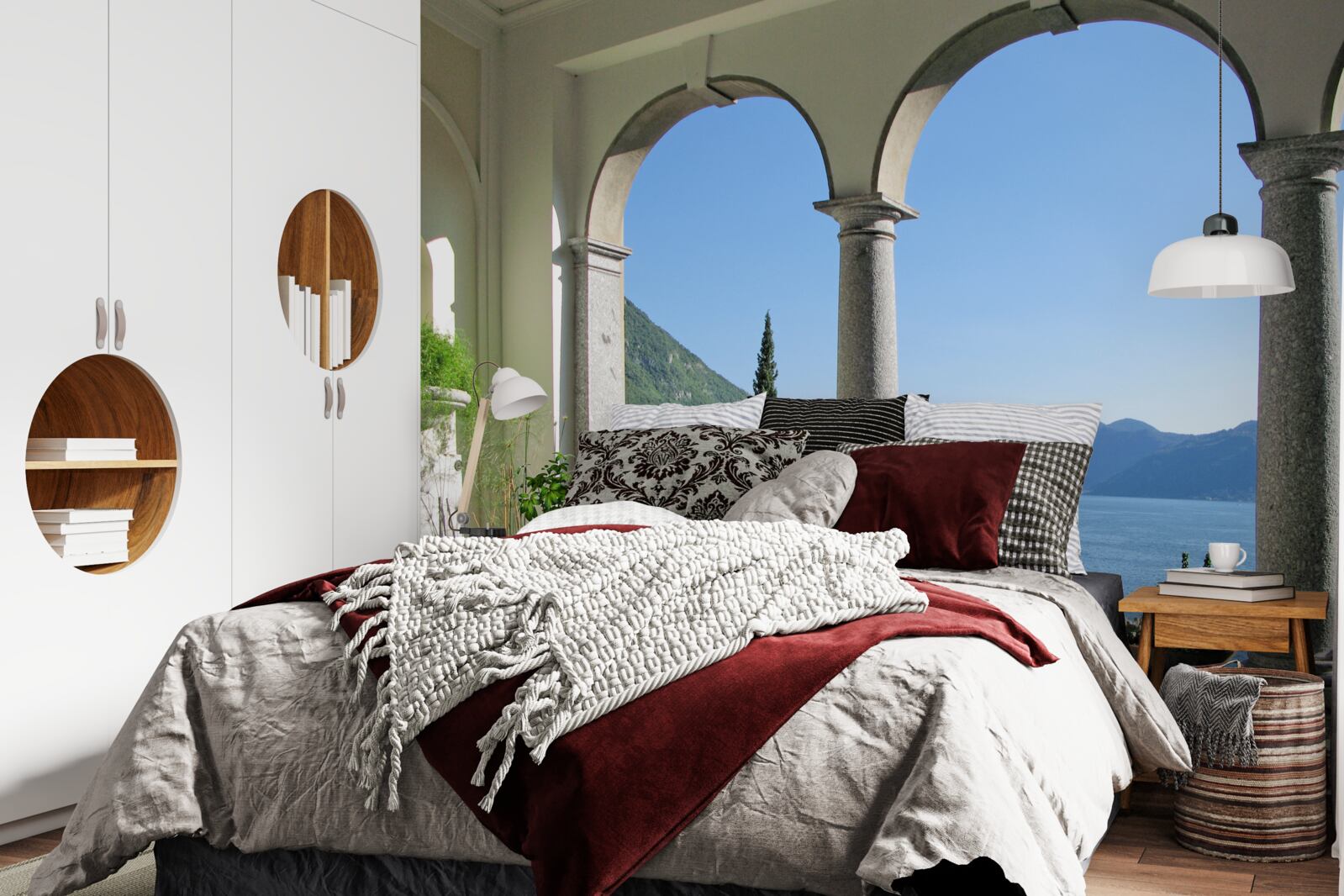 Fototapet balcon cu deschideri arcuite și vedere la apă și munți