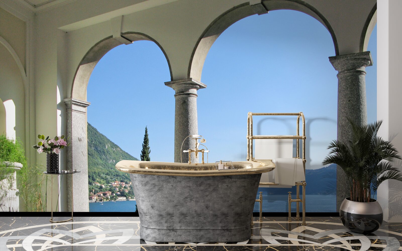 Fototapet balcon cu deschideri arcuite și vedere la apă și munți