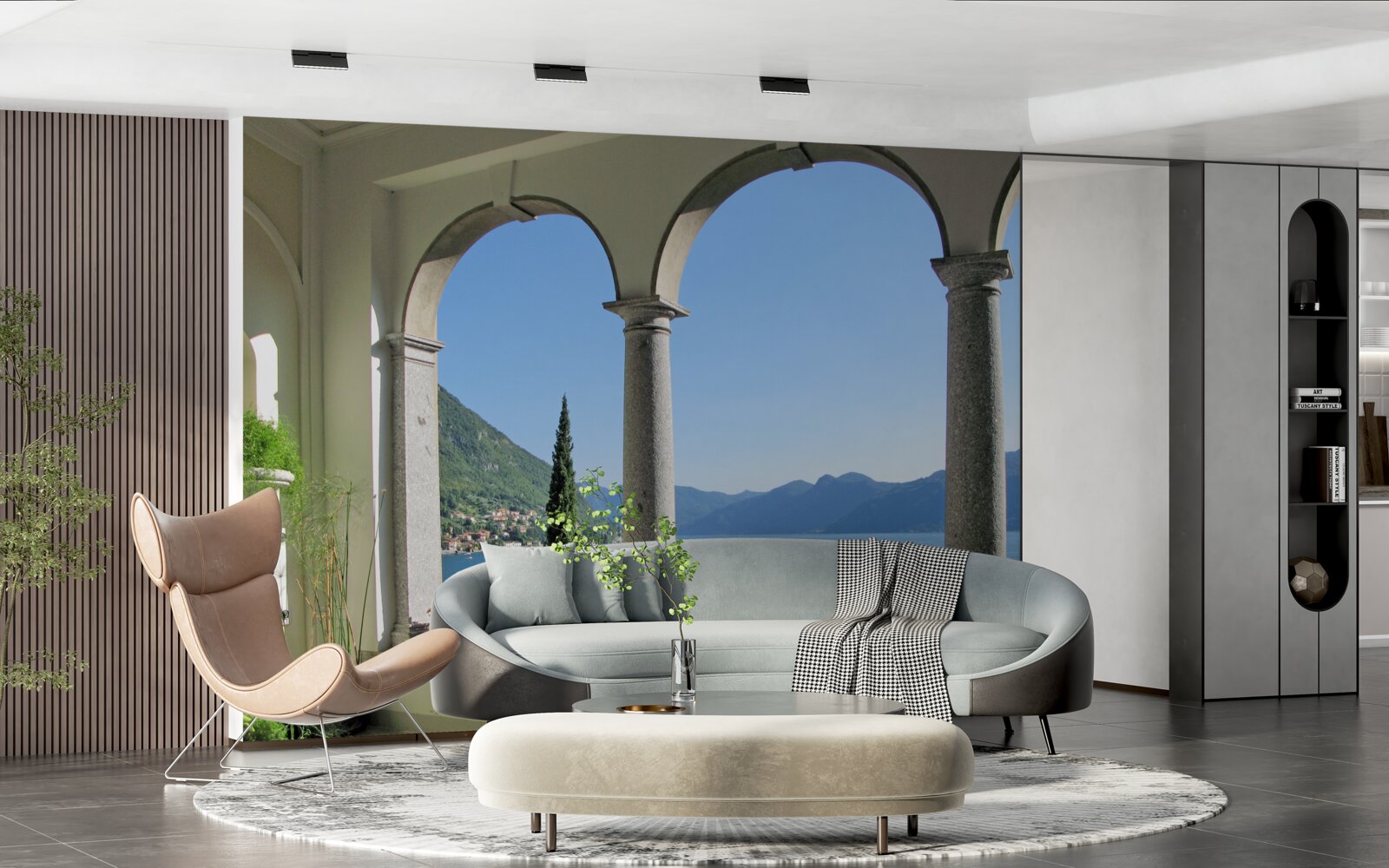 Fototapet balcon cu deschideri arcuite și vedere la apă și munți