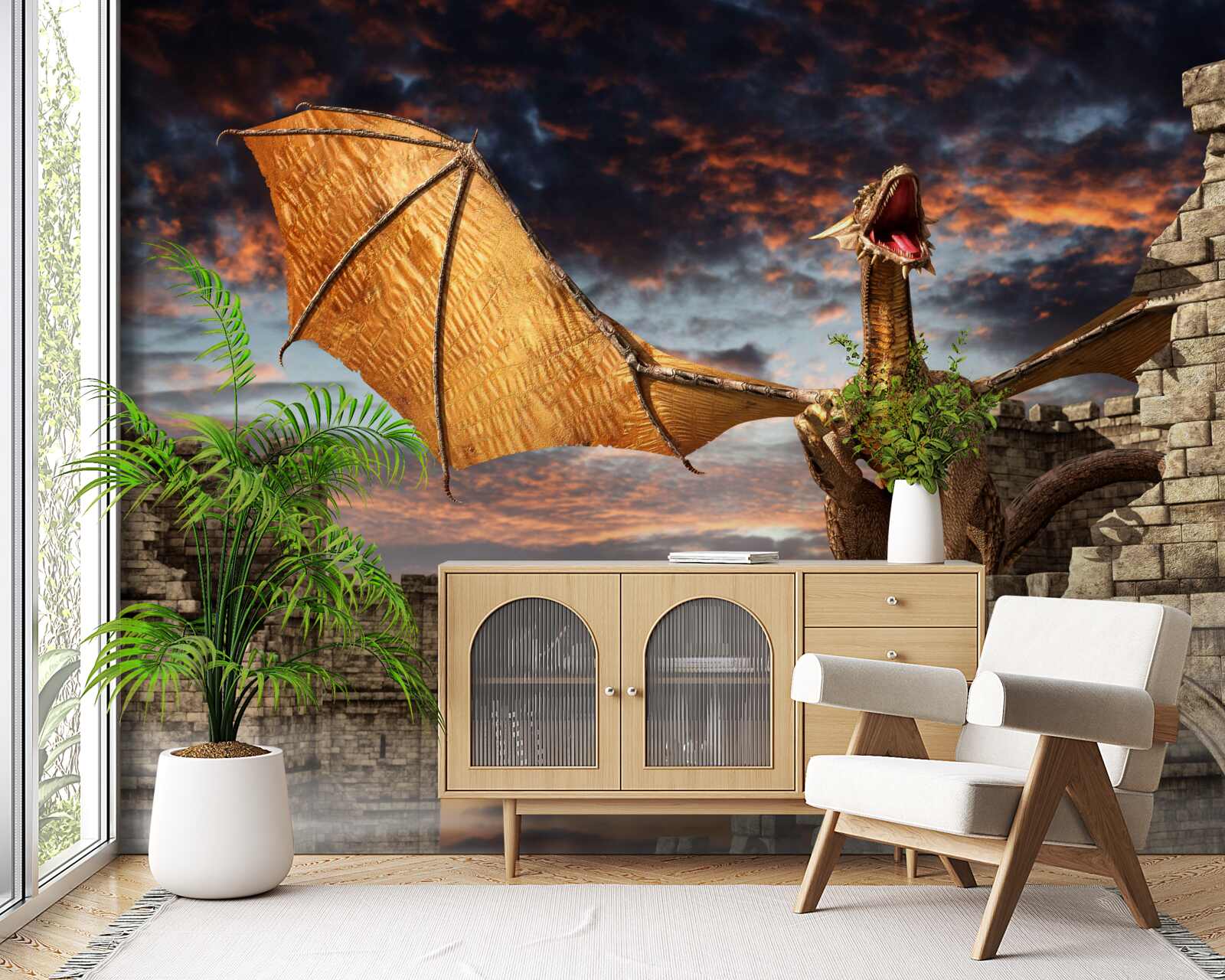 Fototapet dragon într-o fortăreață de piatră