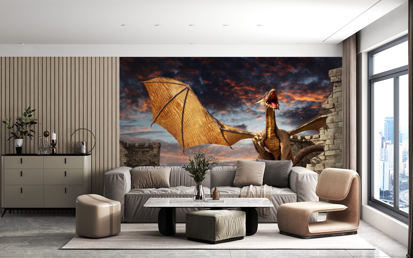 Fototapet dragon într-o fortăreață de piatră