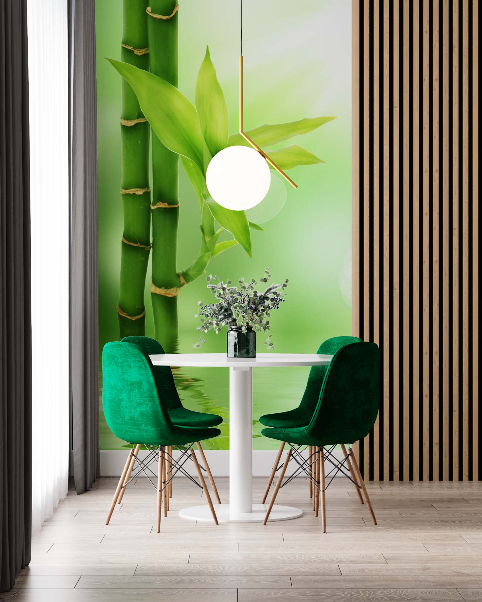 Fototapet o ramură de bambus cu flori pe suprafața apei