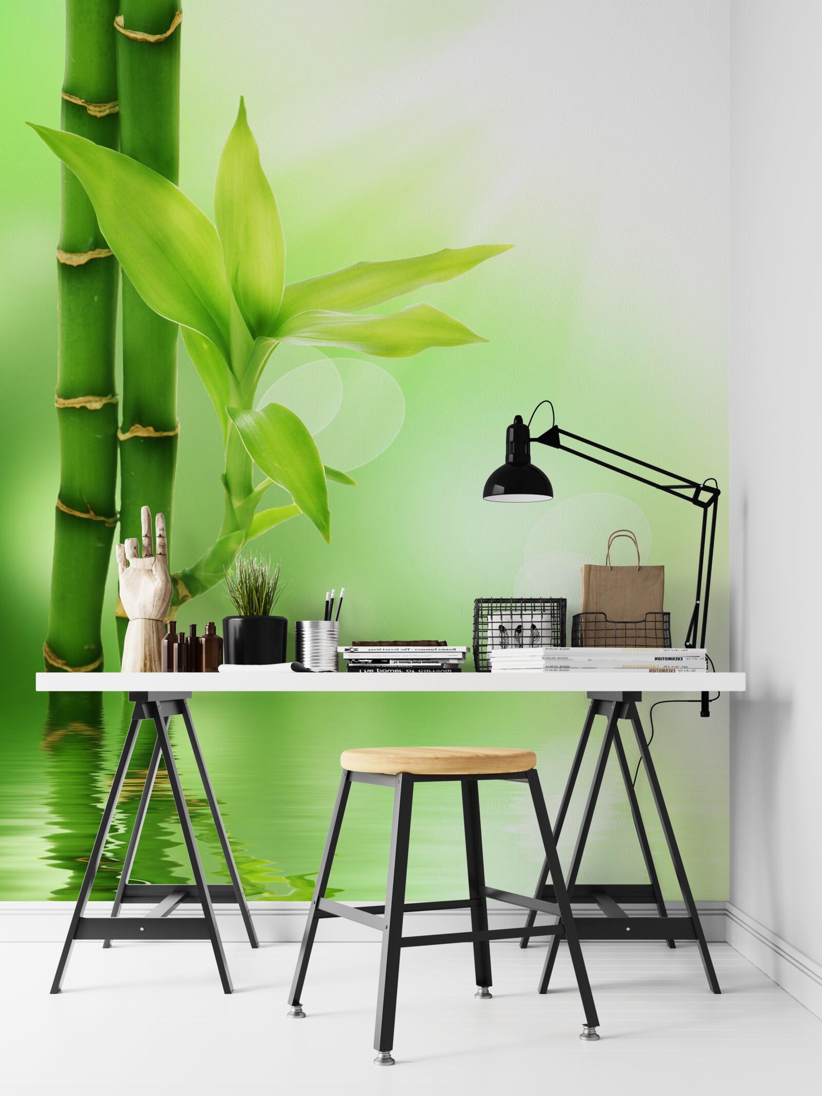 Fototapet o ramură de bambus cu flori pe suprafața apei