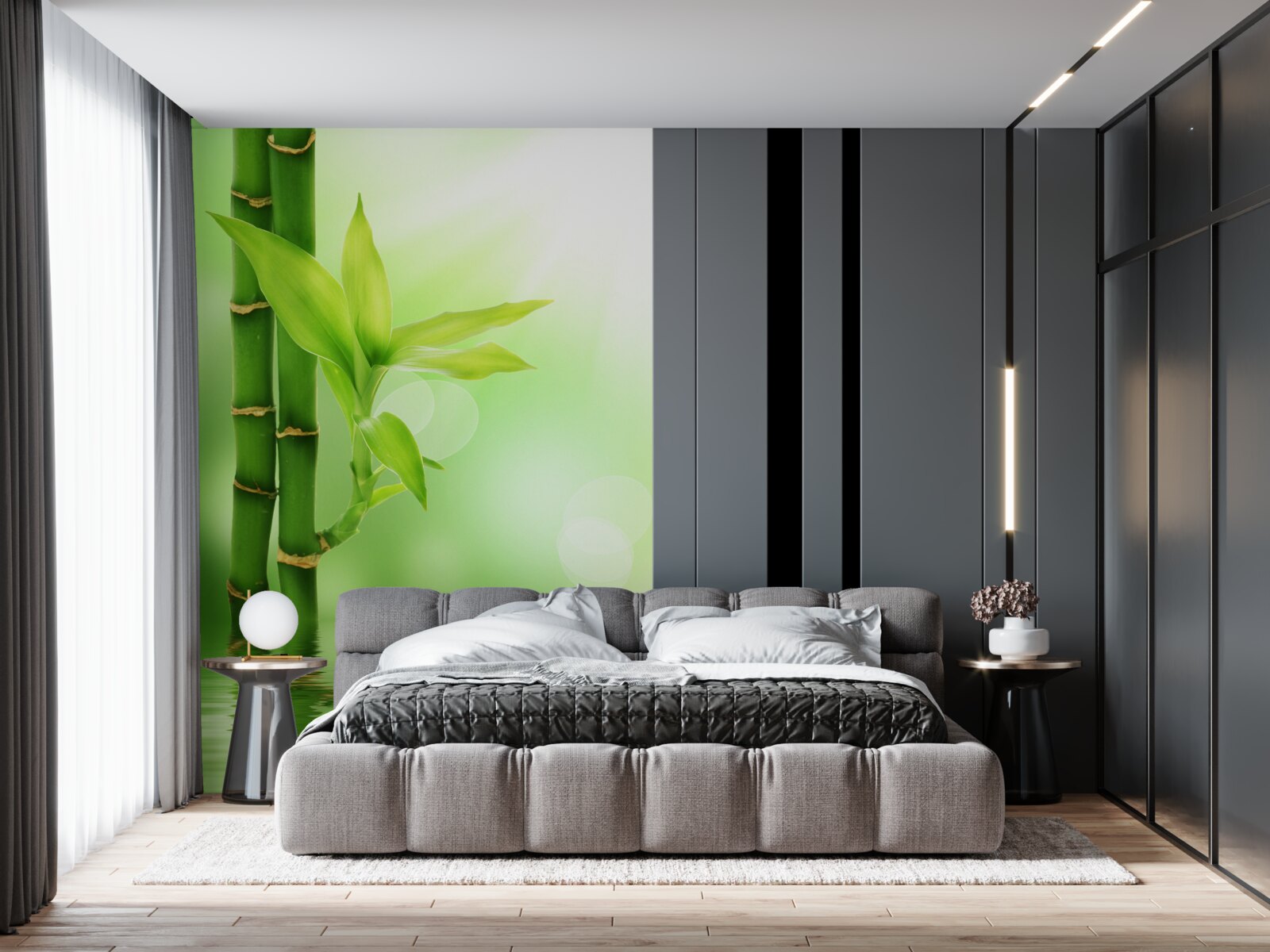 Fototapet o ramură de bambus cu flori pe suprafața apei