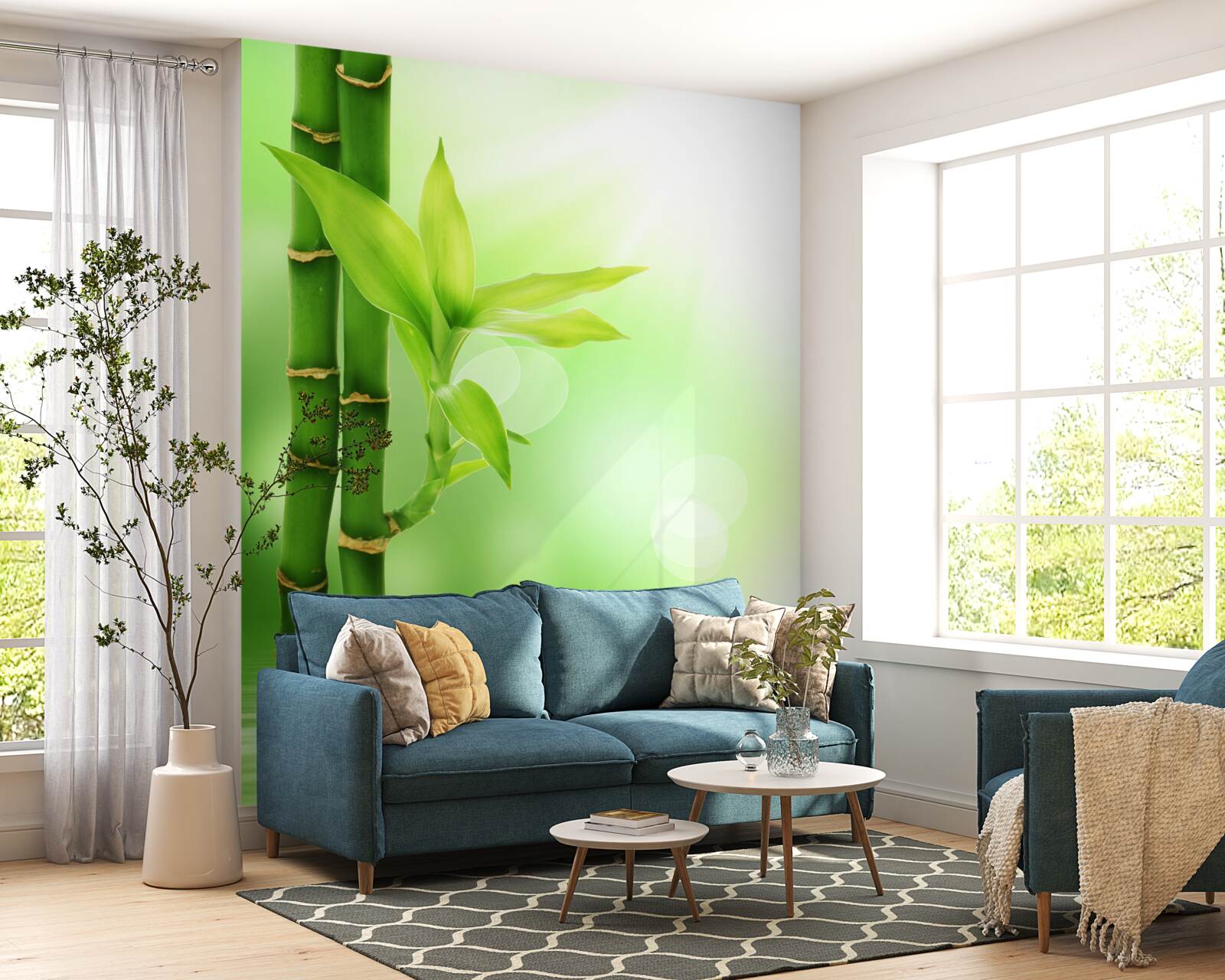 Fototapet o ramură de bambus cu flori pe suprafața apei