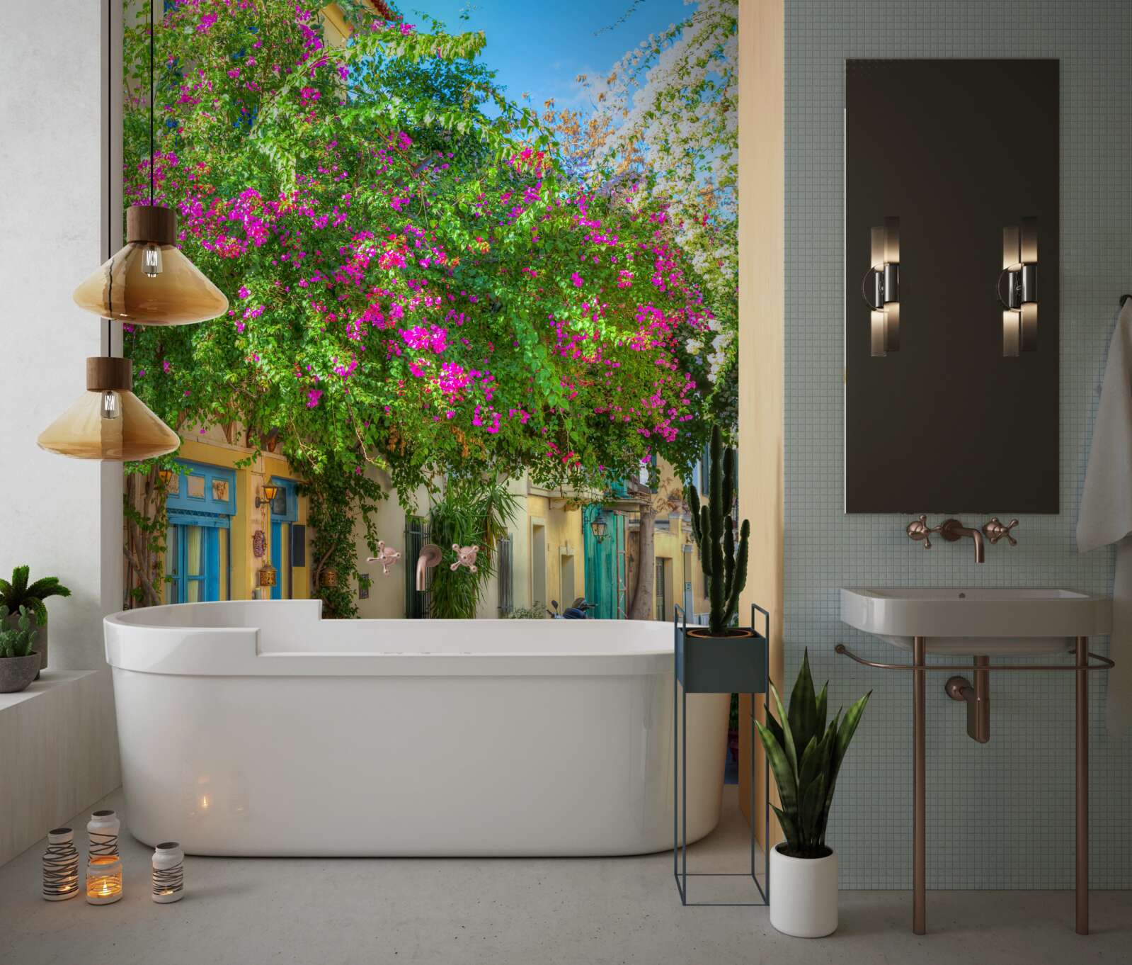 Fototapet verdeață densă deasupra caselor