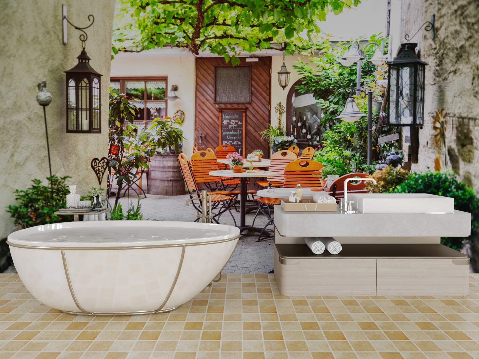 Fototapet cafenea mică cu o masă în partea istorică a orașului