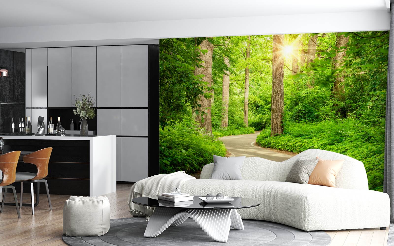 Fototapet zi luminoasă în pădurea de smarald