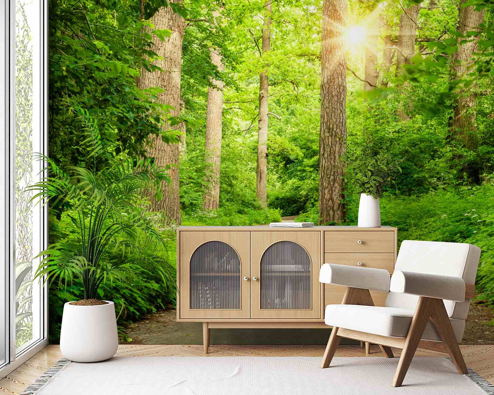 Fototapet zi luminoasă în pădurea de smarald