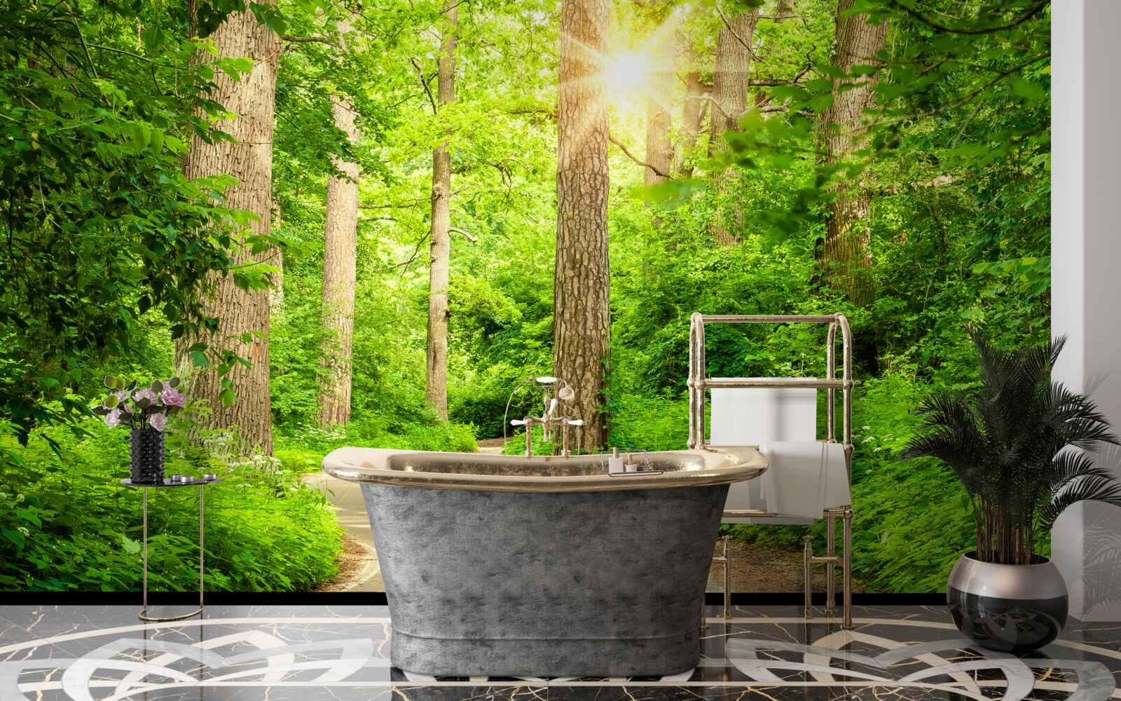 Fototapet zi luminoasă în pădurea de smarald