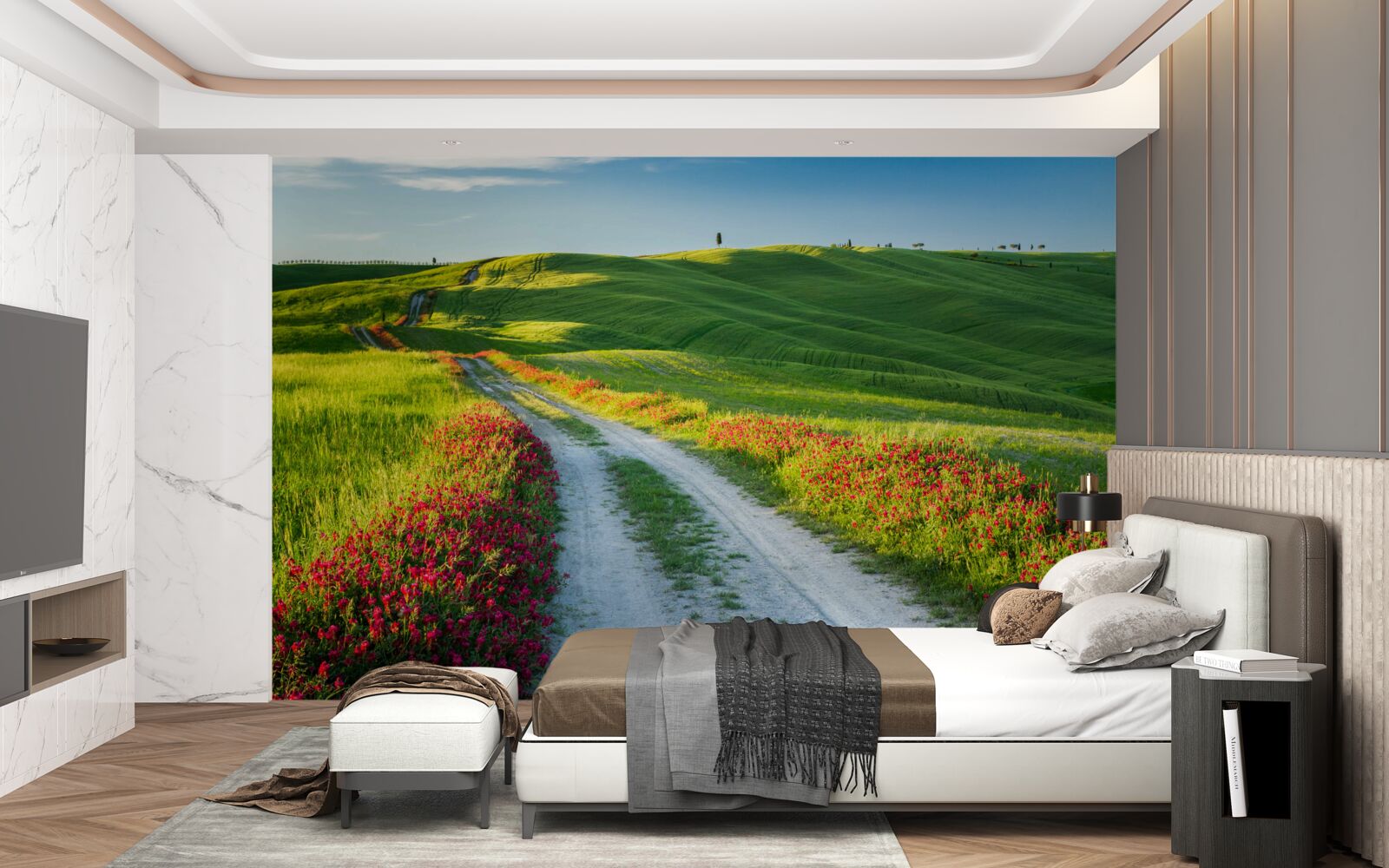 Fototapet drum în munți înconjurat de câmpuri verzi