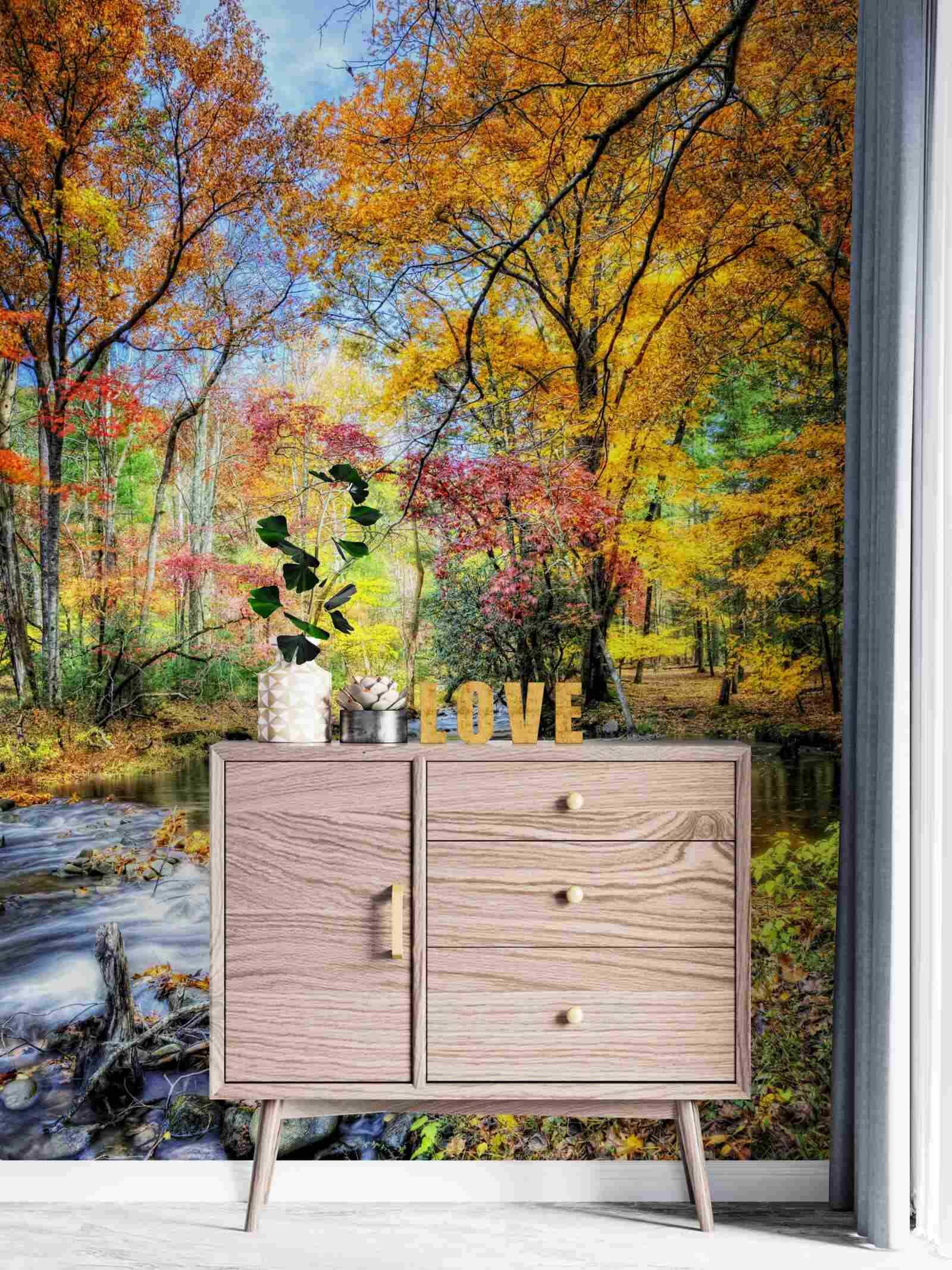 Fototapet pădure în toamnă și un râu în munți