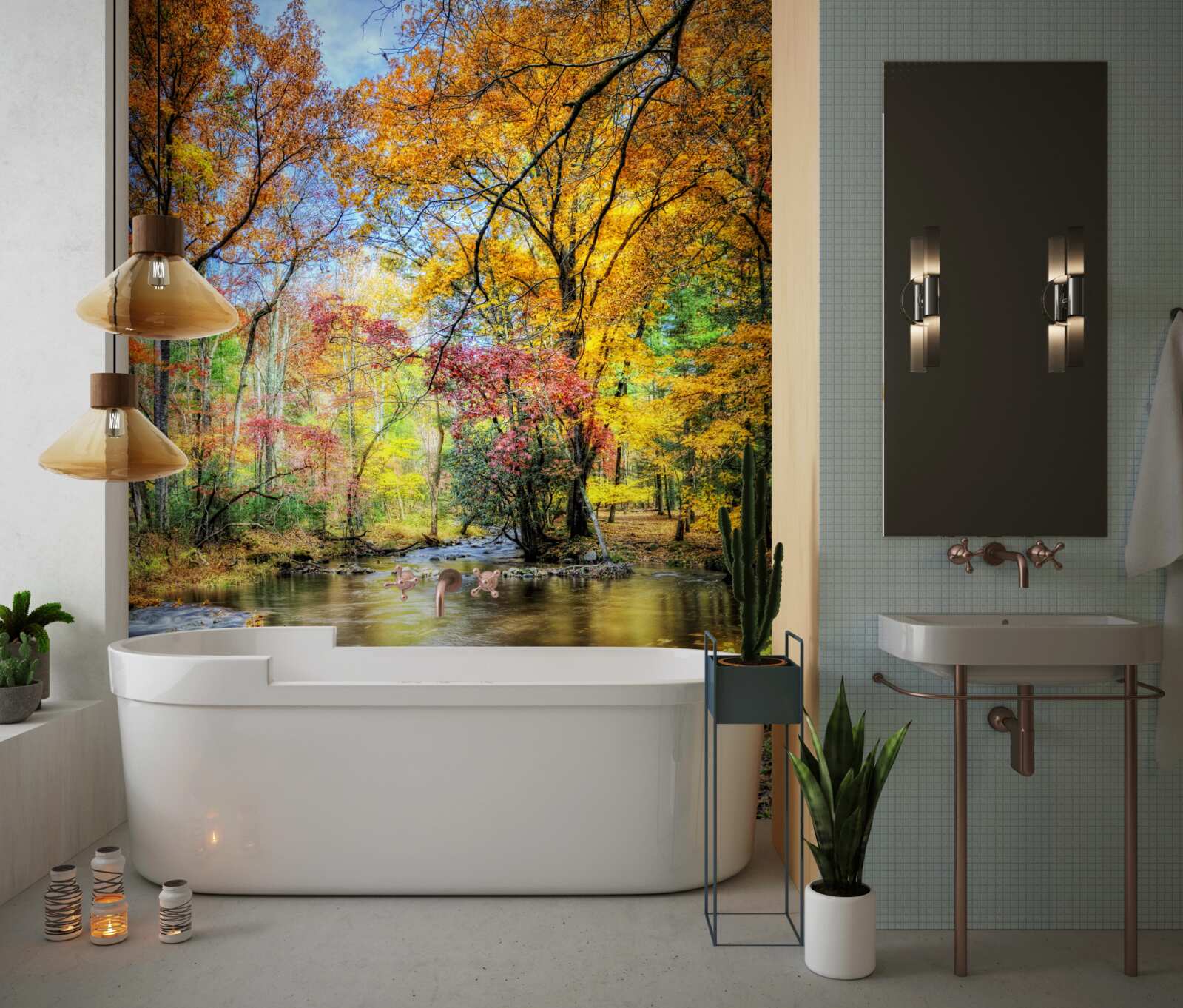 Fototapet pădure în toamnă și un râu în munți