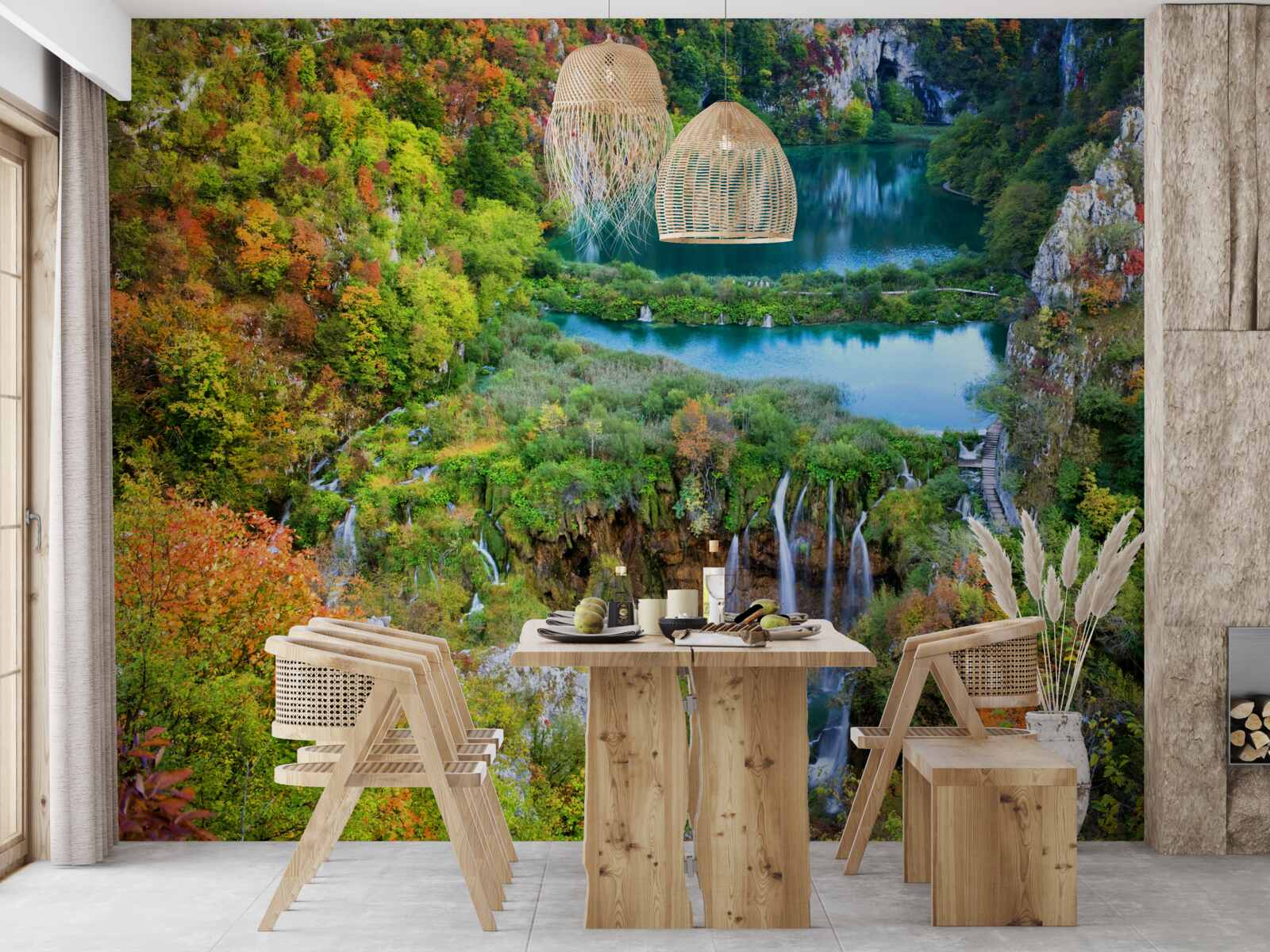 Fototapet pădure de toamnă decorată cu o cascadă curgătoare