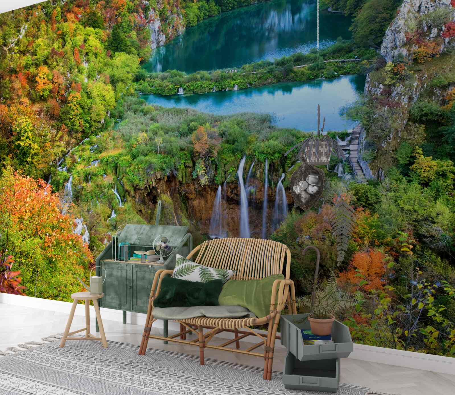 Fototapet pădure de toamnă decorată cu o cascadă curgătoare