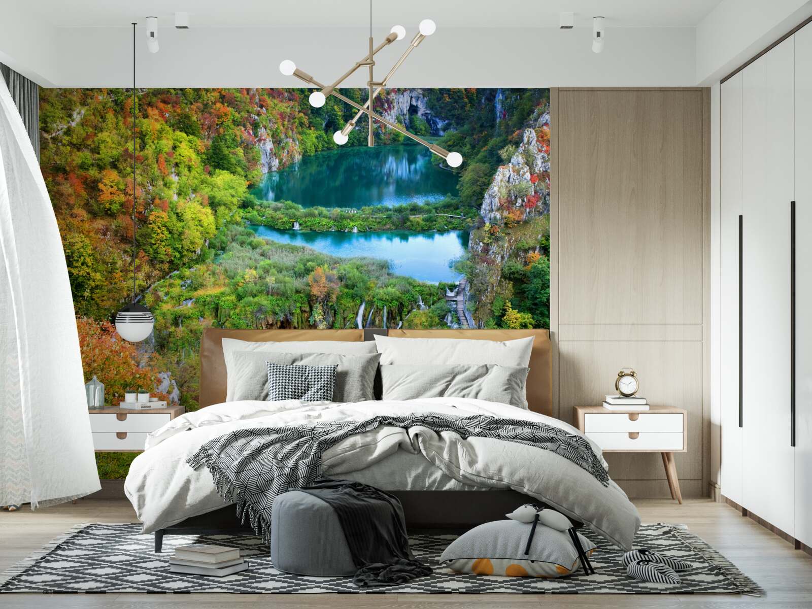 Fototapet pădure de toamnă decorată cu o cascadă curgătoare