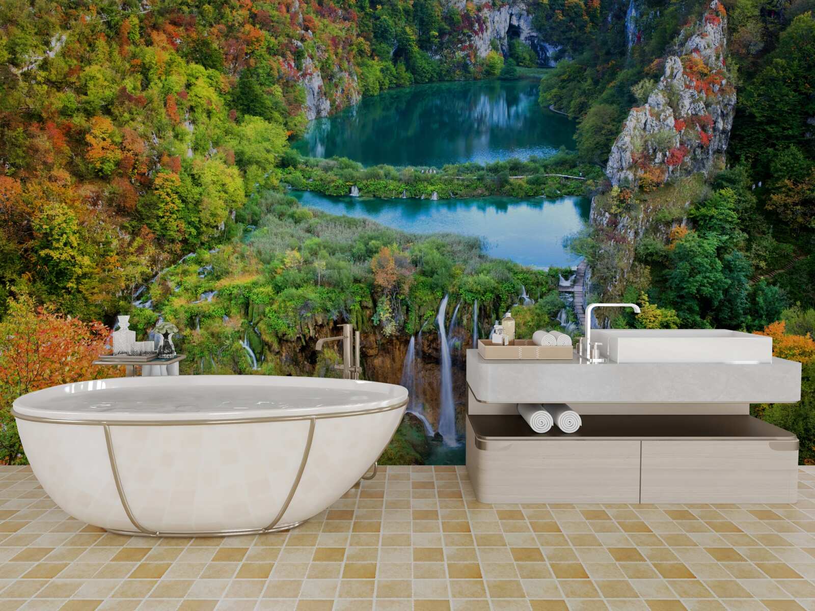 Fototapet pădure de toamnă decorată cu o cascadă curgătoare