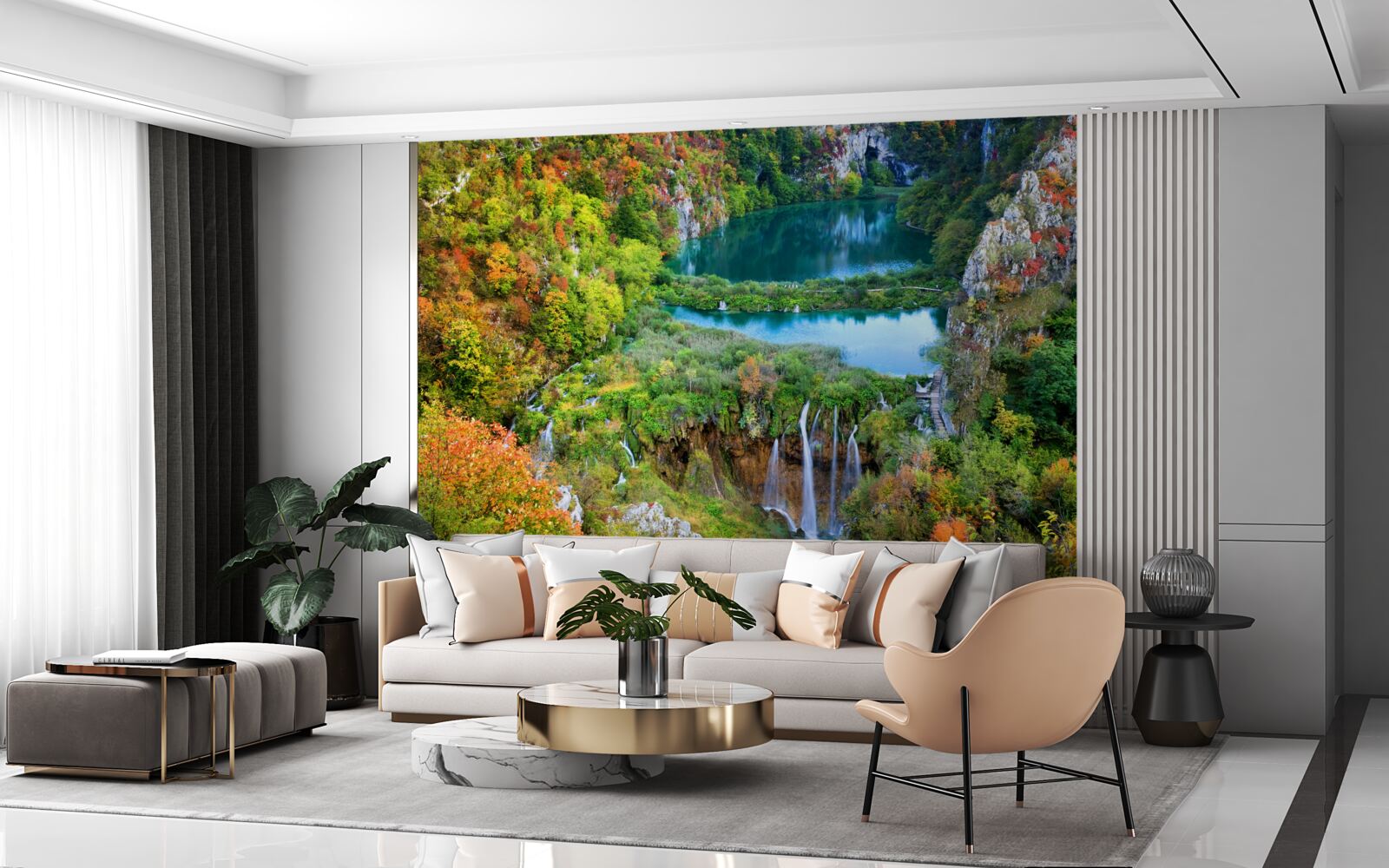 Fototapet pădure de toamnă decorată cu o cascadă curgătoare