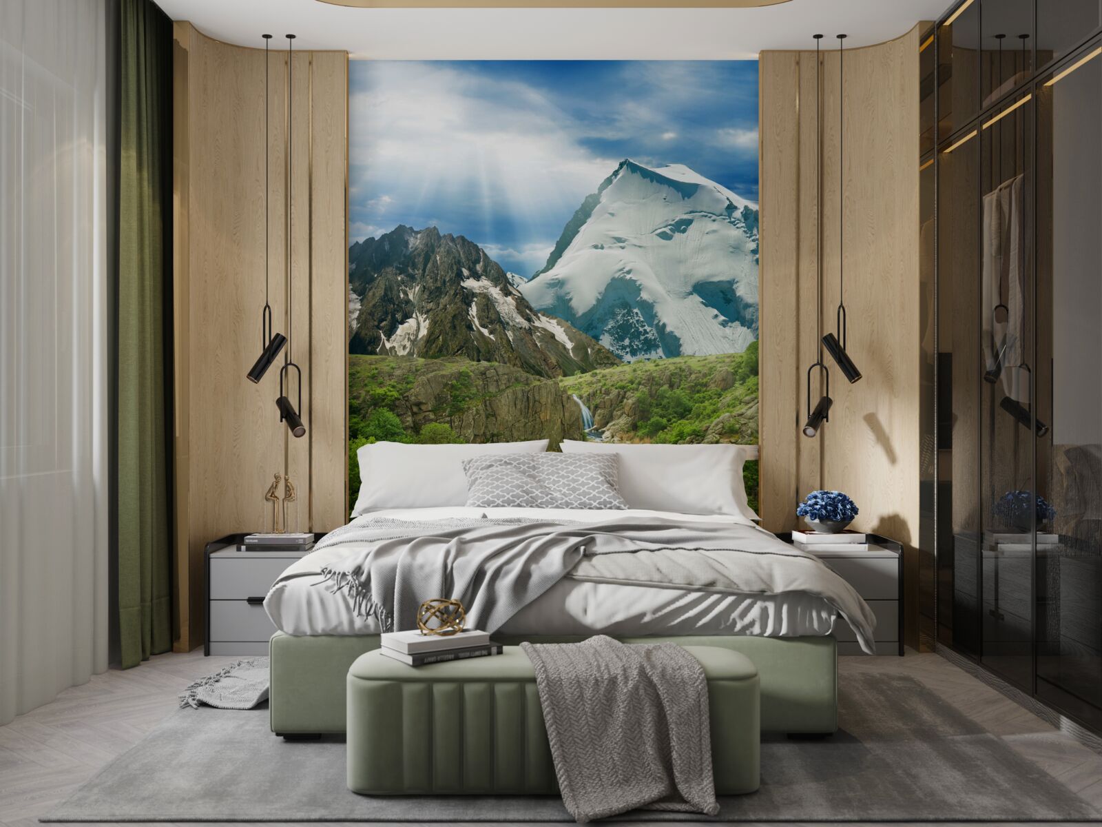 Fototapet Lumina razelor soarelui pătrunzând prin munții din pădure