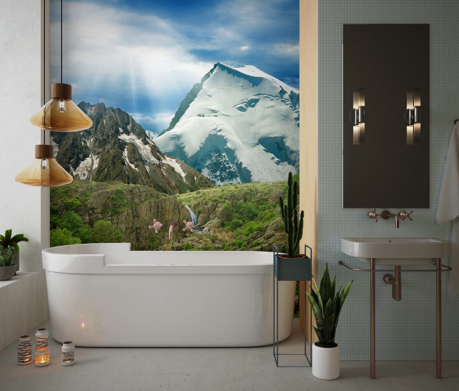 Fototapet Lumina razelor soarelui pătrunzând prin munții din pădure