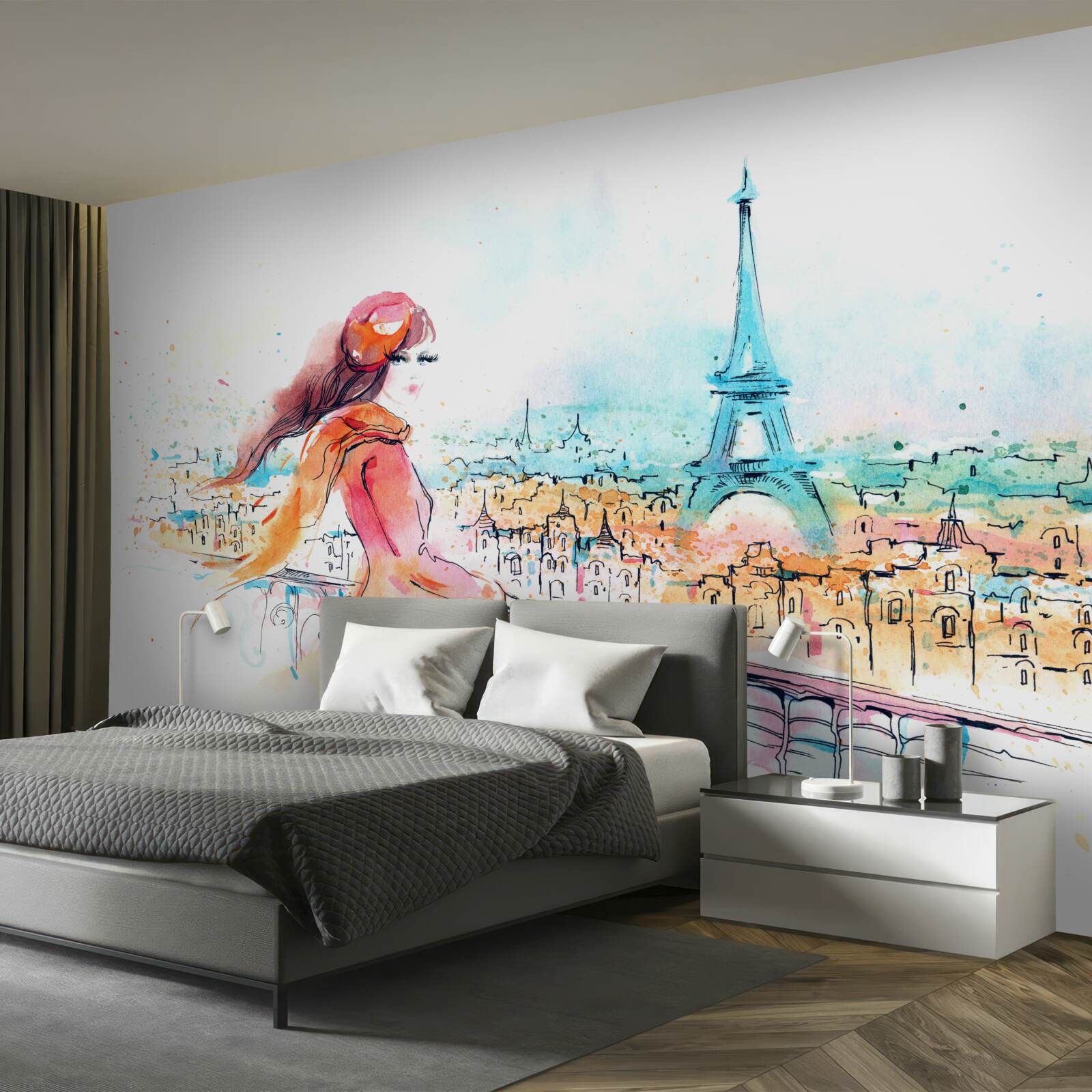 Fototapet fată plimbări prin acuarelă paris