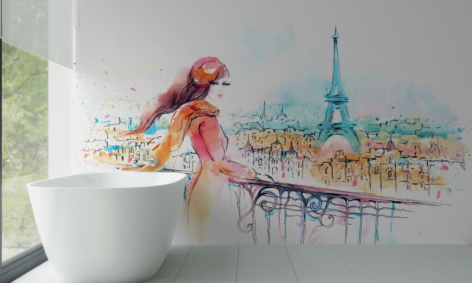 Fototapet fată plimbări prin acuarelă paris