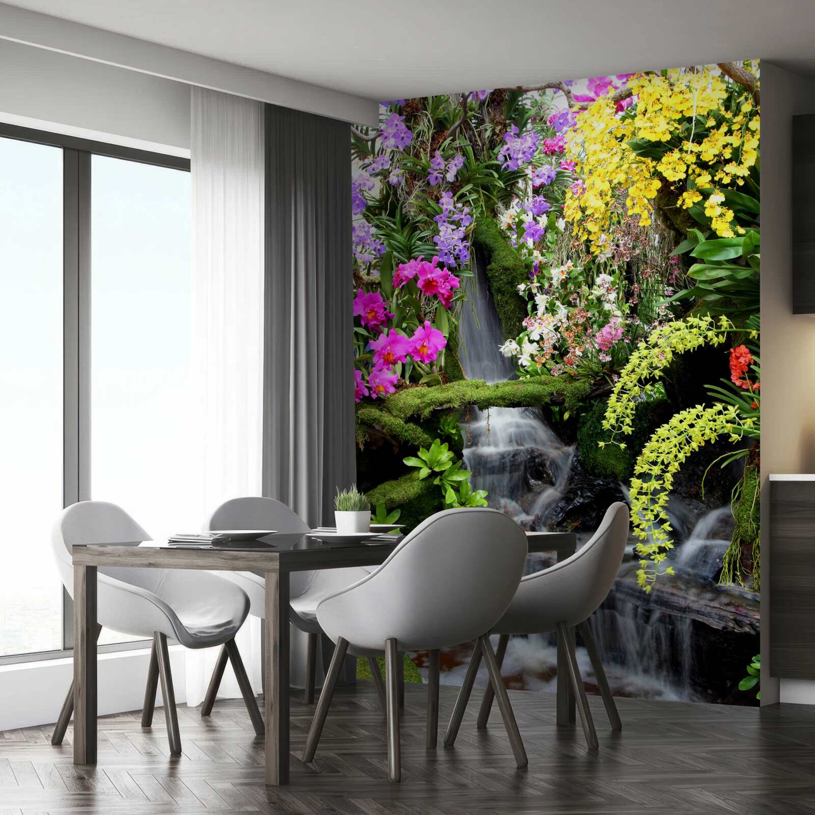 Fototapet o cascadă de apă printre nuanțe bogate de flori