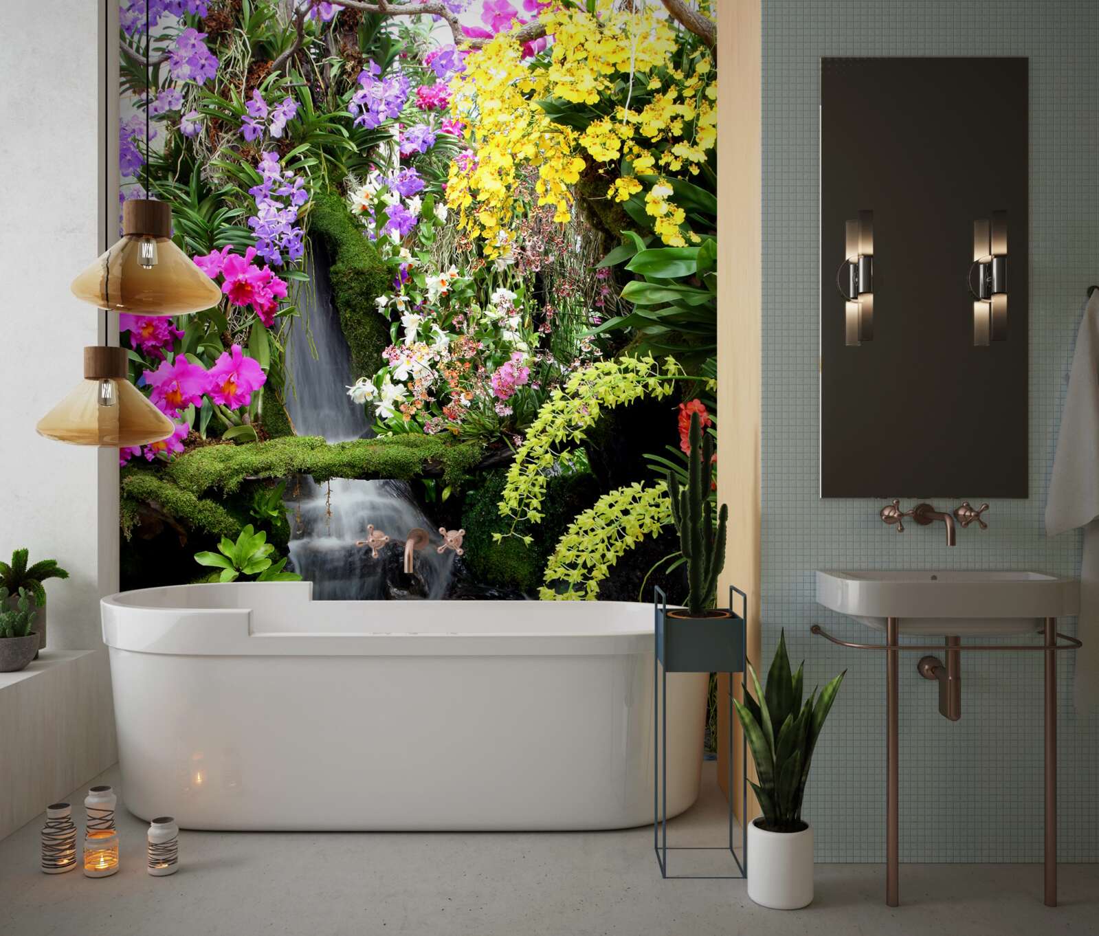 Fototapet o cascadă de apă printre nuanțe bogate de flori