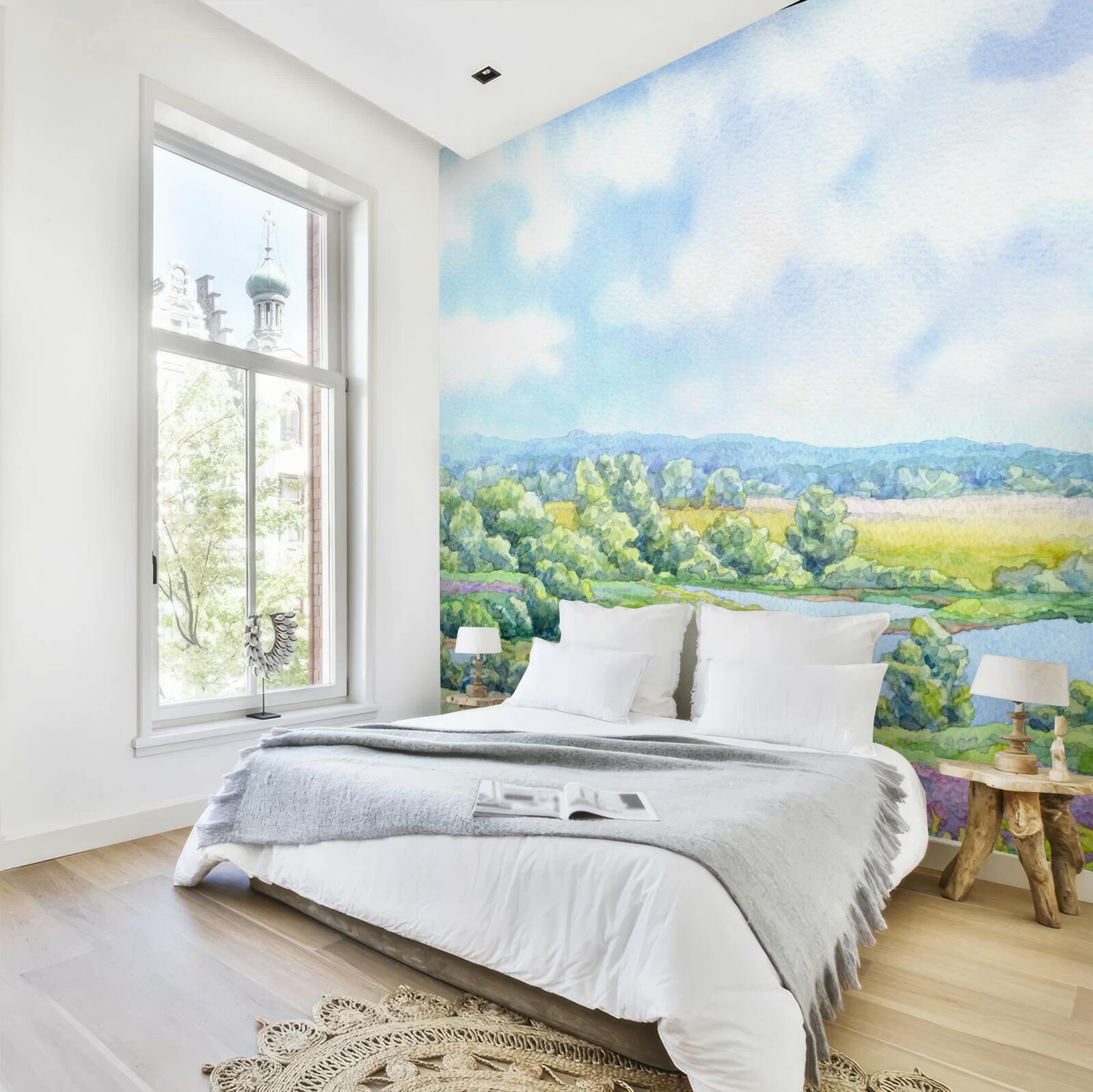 Fototapet o zi luminoasă pe o pajiște plină de plante înflorite