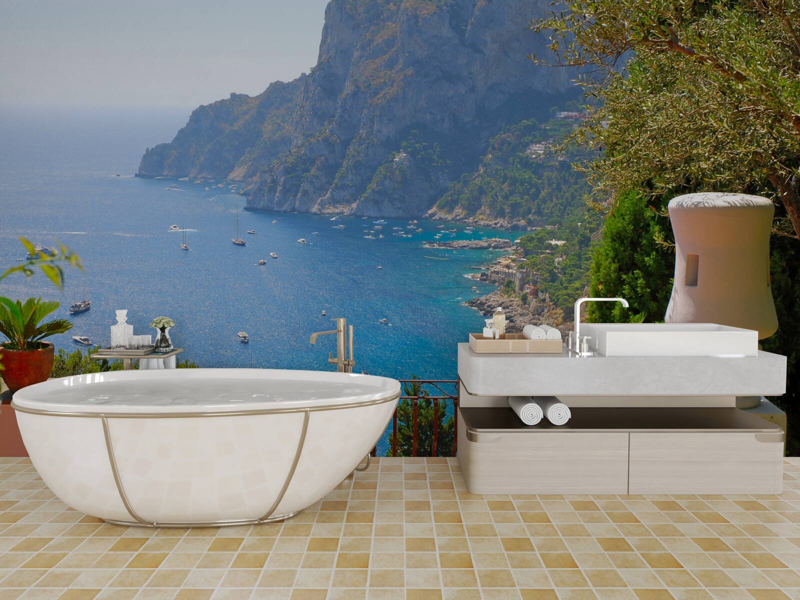 Fototapet terasă cu balcon și vedere la ocean