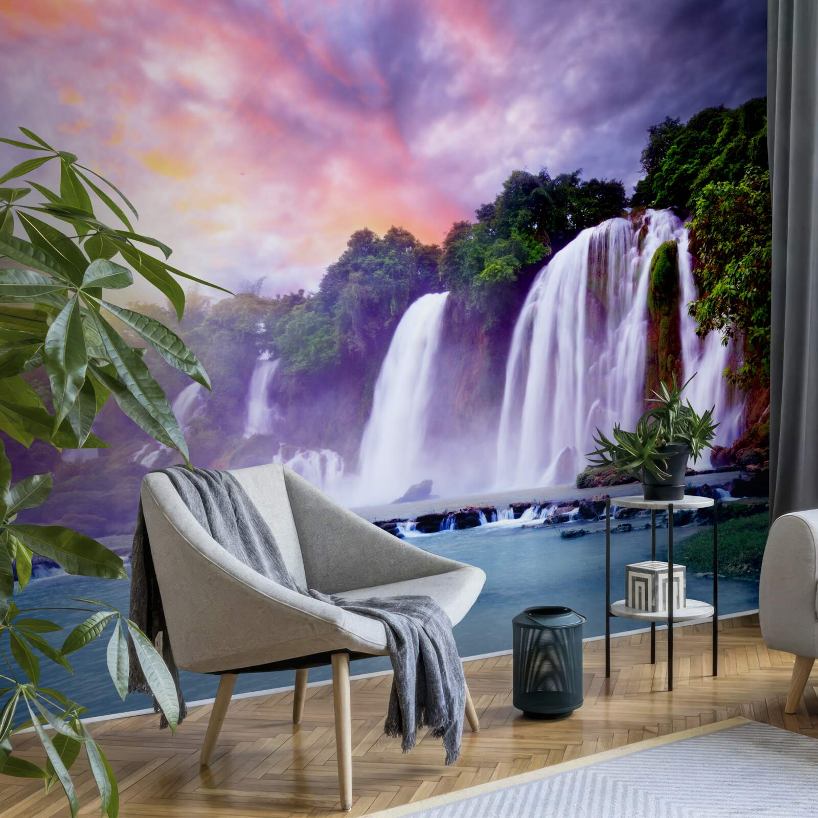 Fototapet o cascadă uriașă de apă pe fundalul unui cer cu apus de soare