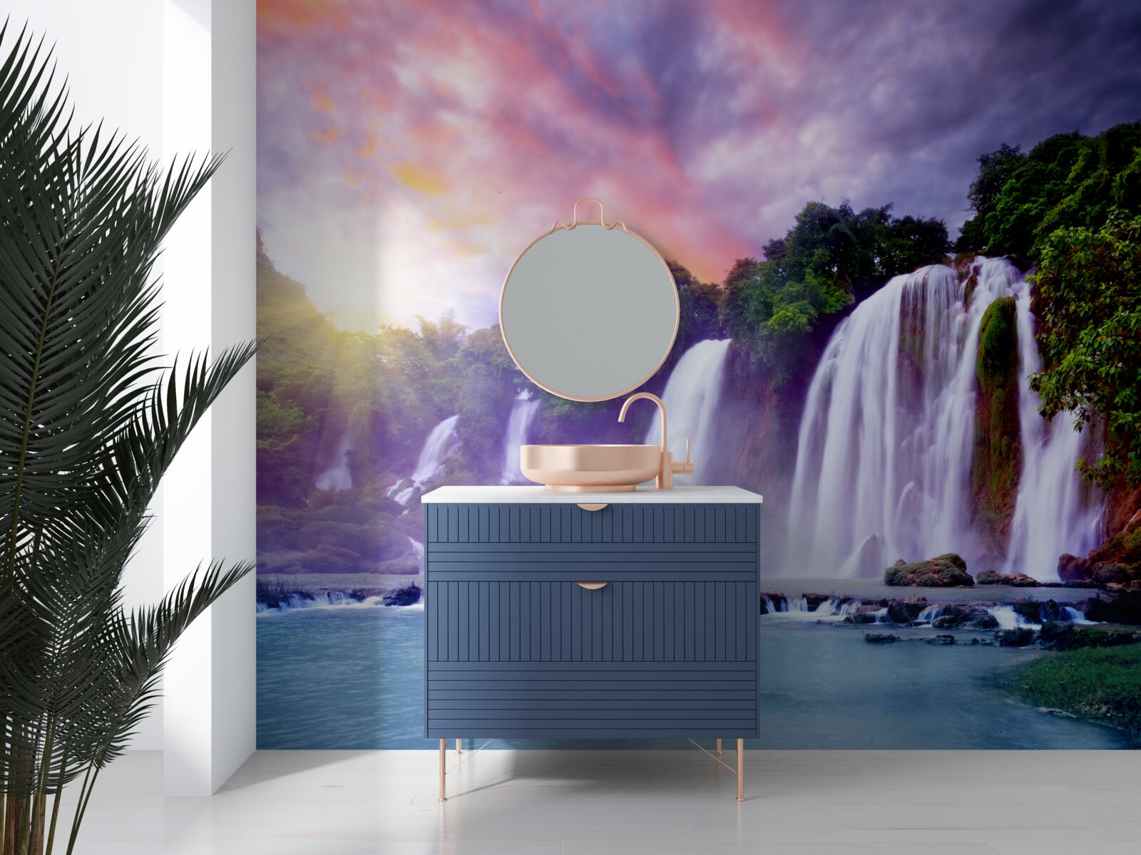 Fototapet o cascadă uriașă de apă pe fundalul unui cer cu apus de soare