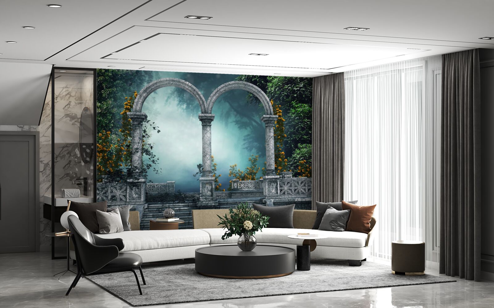 Fototapet arc vechi rotunjit într-o pădure cețoasă