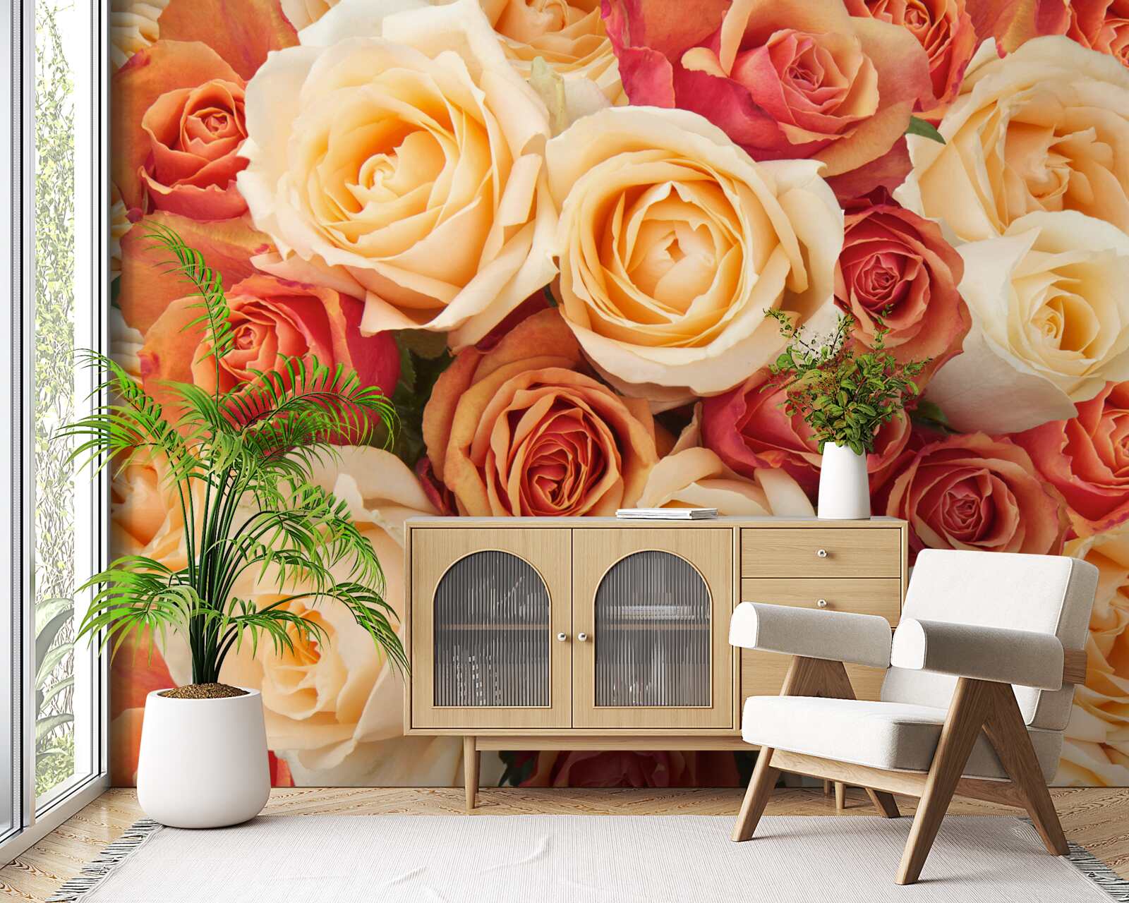 Fototapet trandafiri cu culori moi în tonuri deschise și piersică