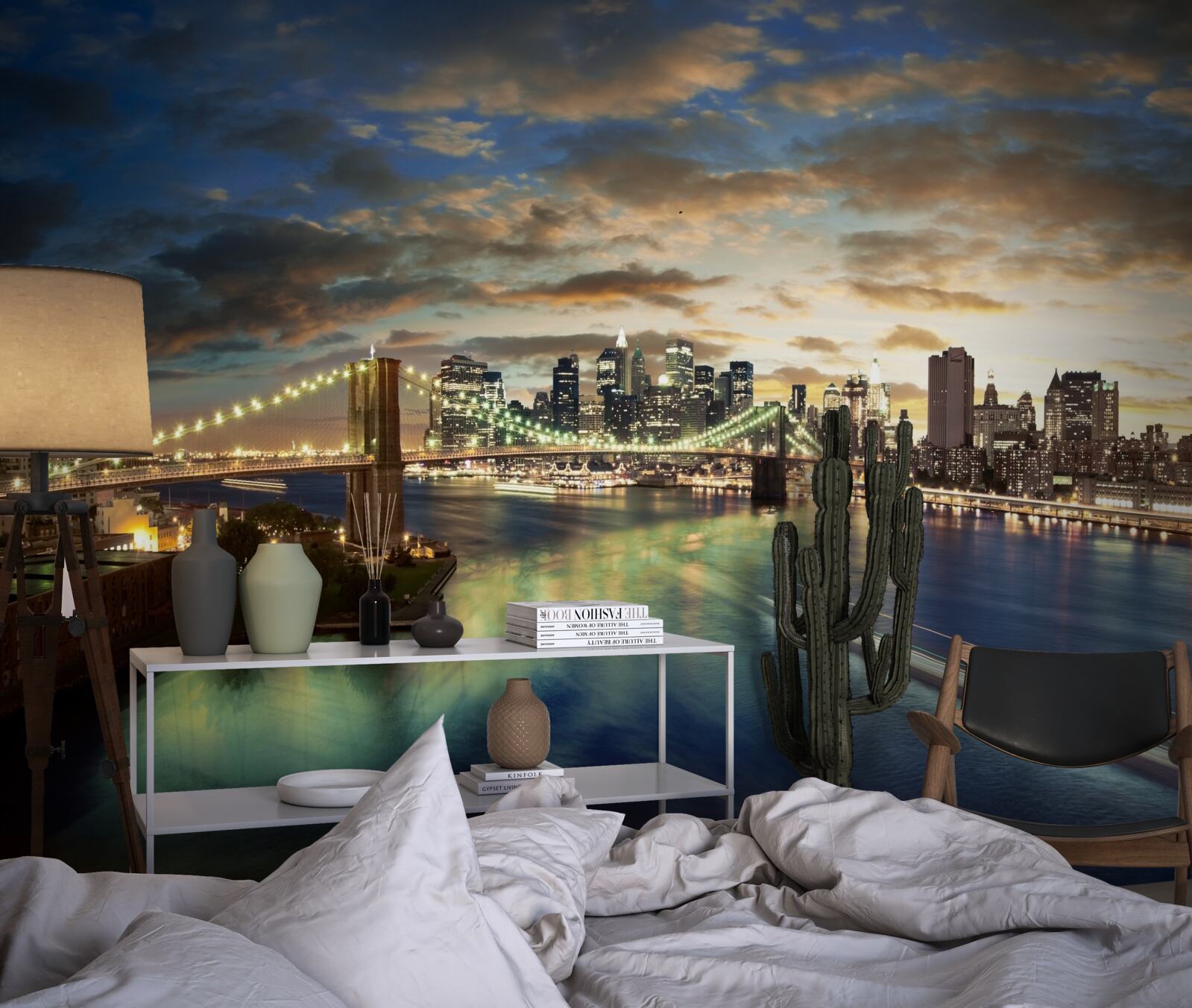 Fototapet iluminarea nocturnă a orașului new york la marginea apei