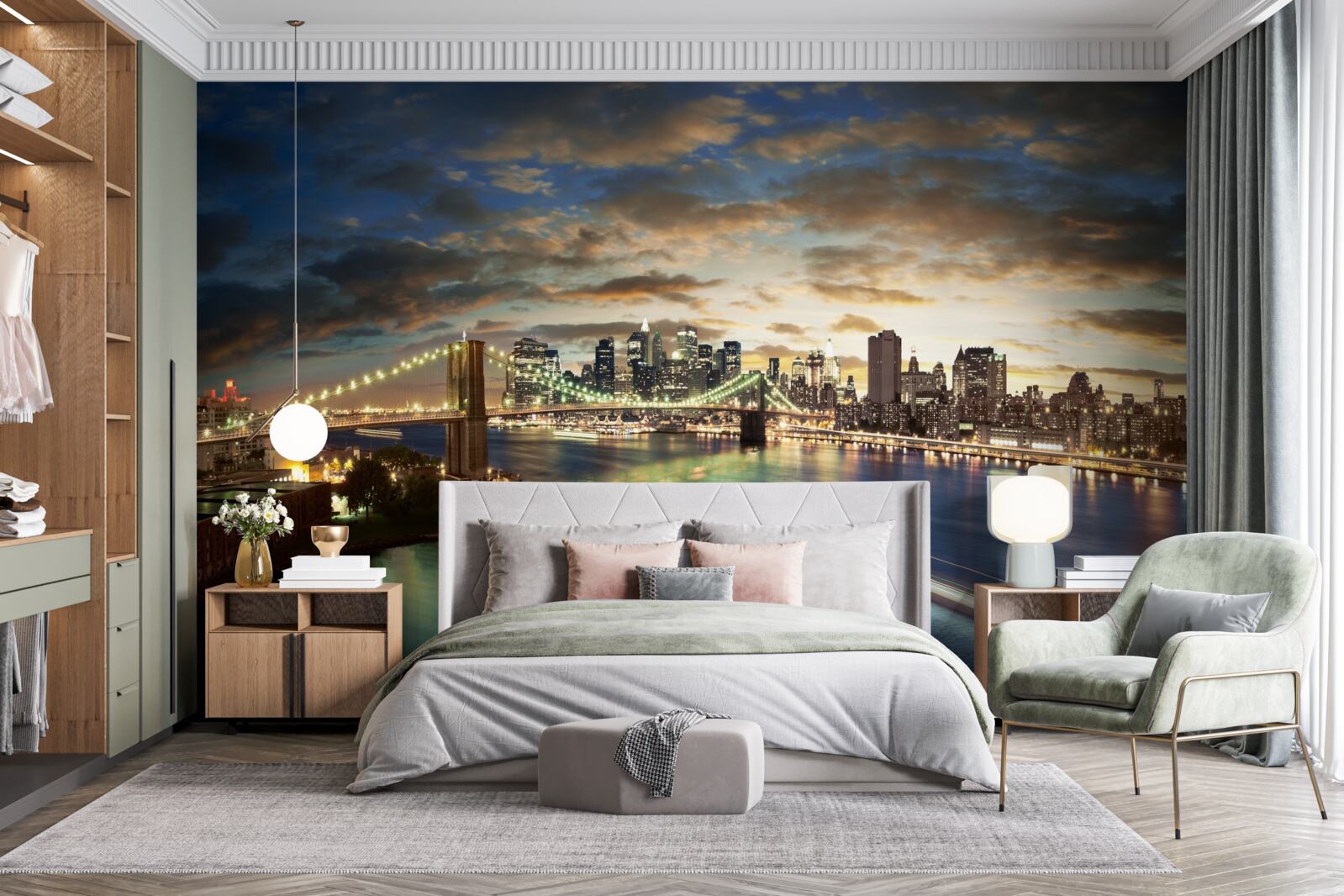 Fototapet iluminarea nocturnă a orașului new york la marginea apei